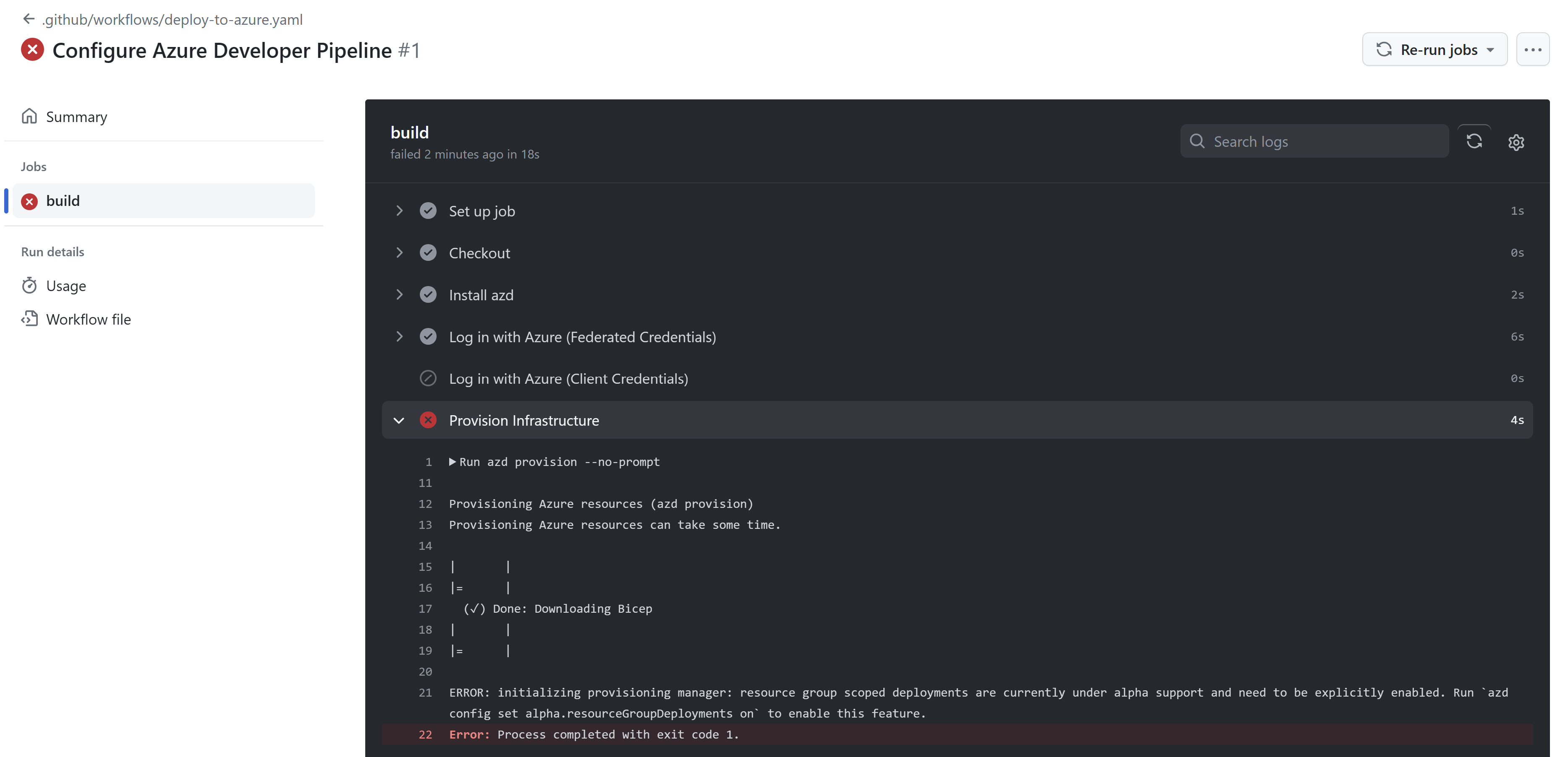 Screenshot showing error running the workflow