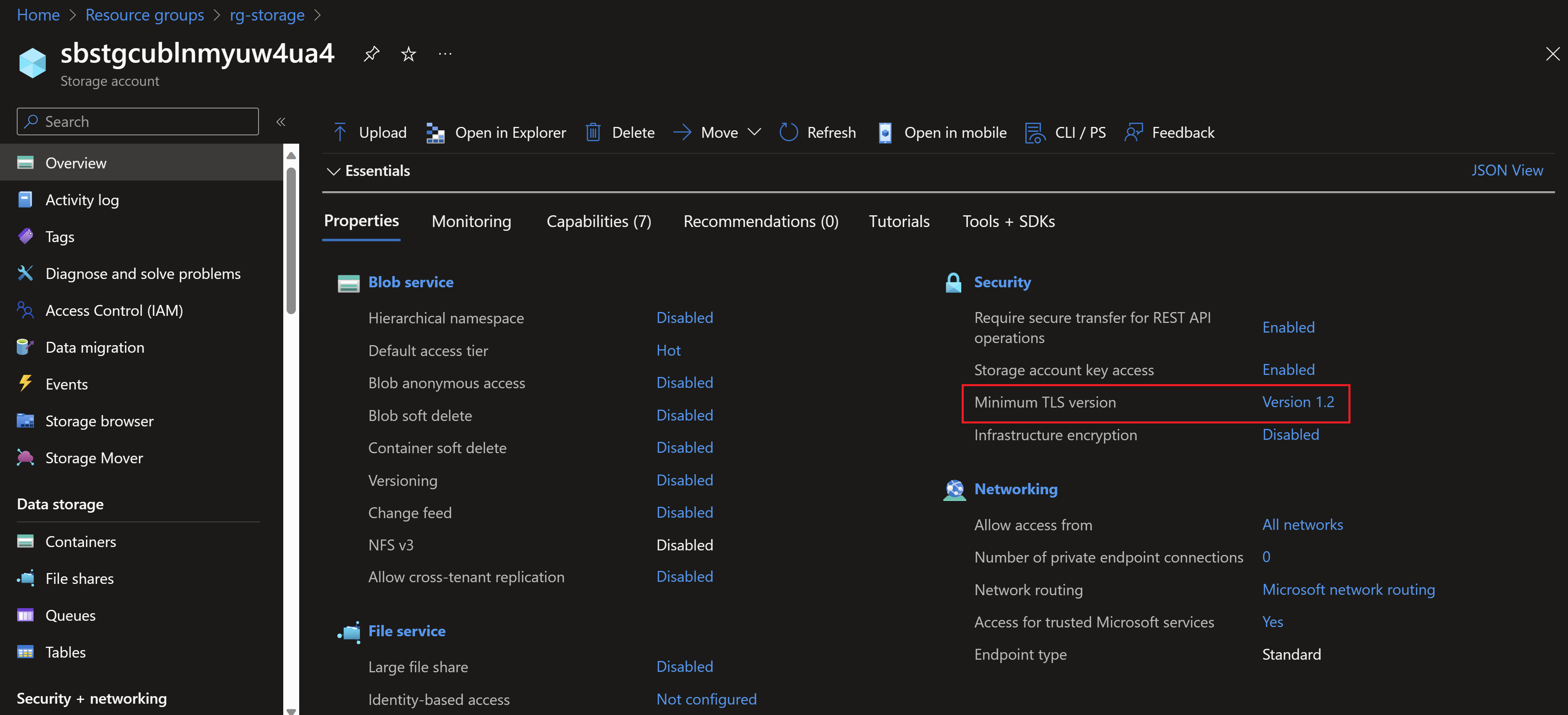 Screenshot showing the updated TLS version on azure