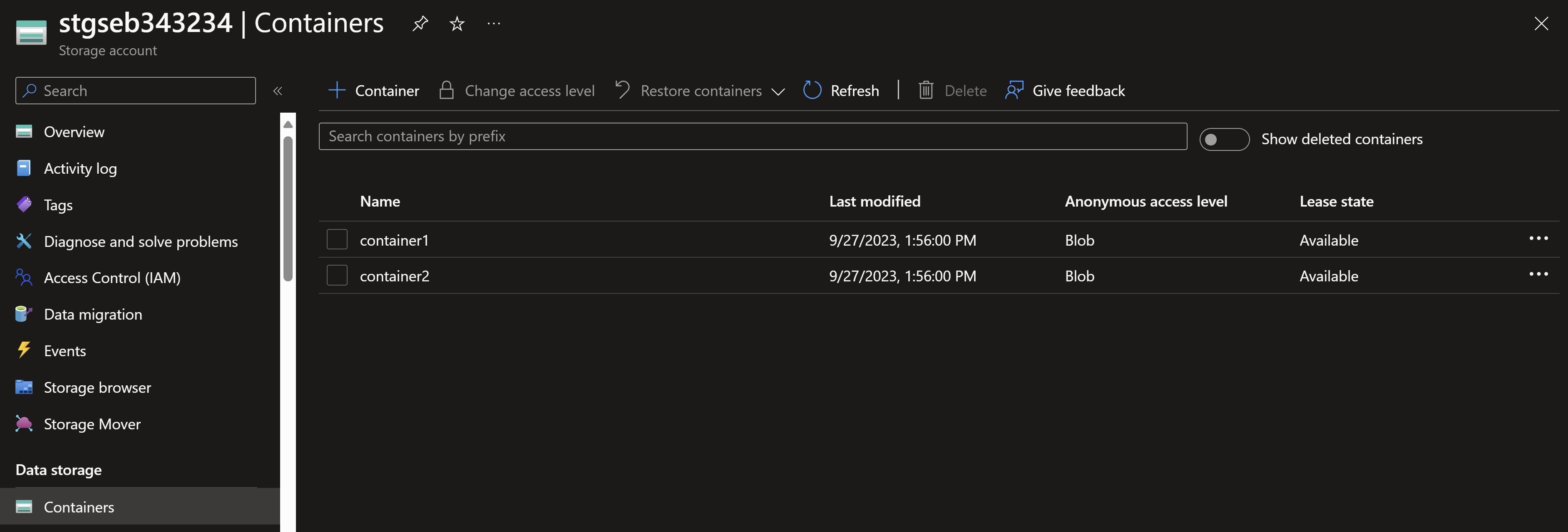 Screenshot showing the deployed storage account