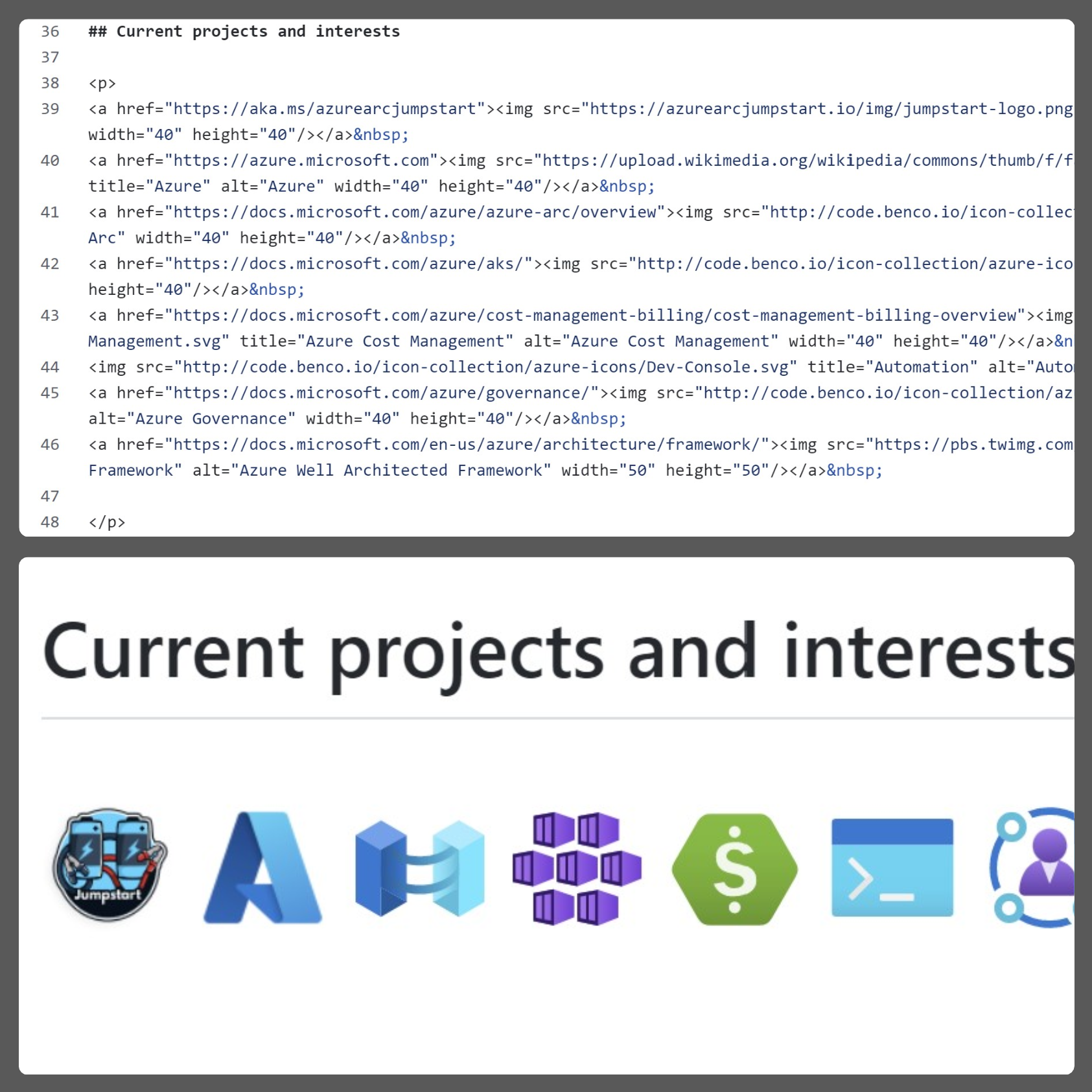 Screenshot showing the current projects markdown