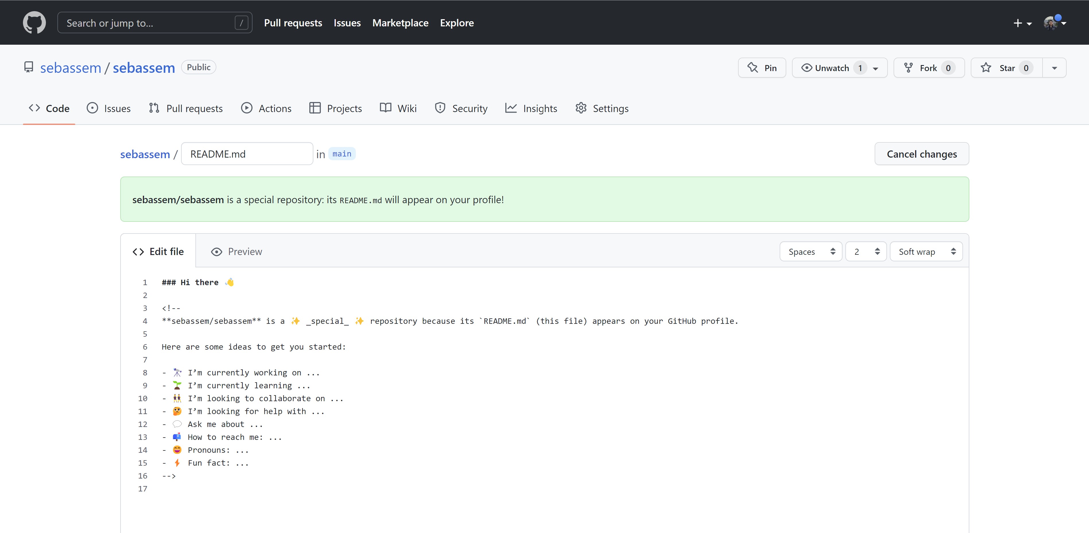 Screenshot showing the readme boilerplate