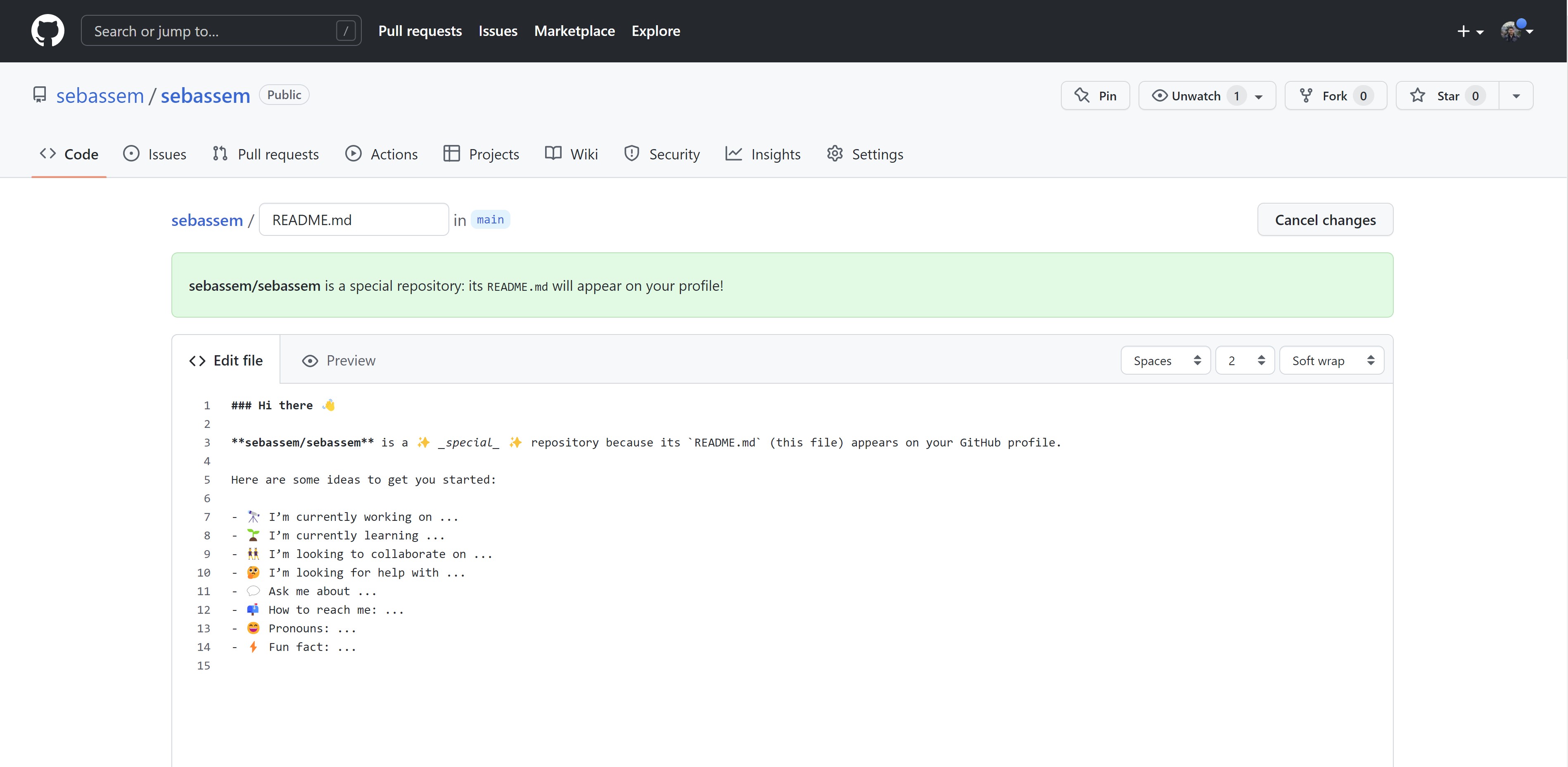 Screenshot showing the readme boilerplate uncommented