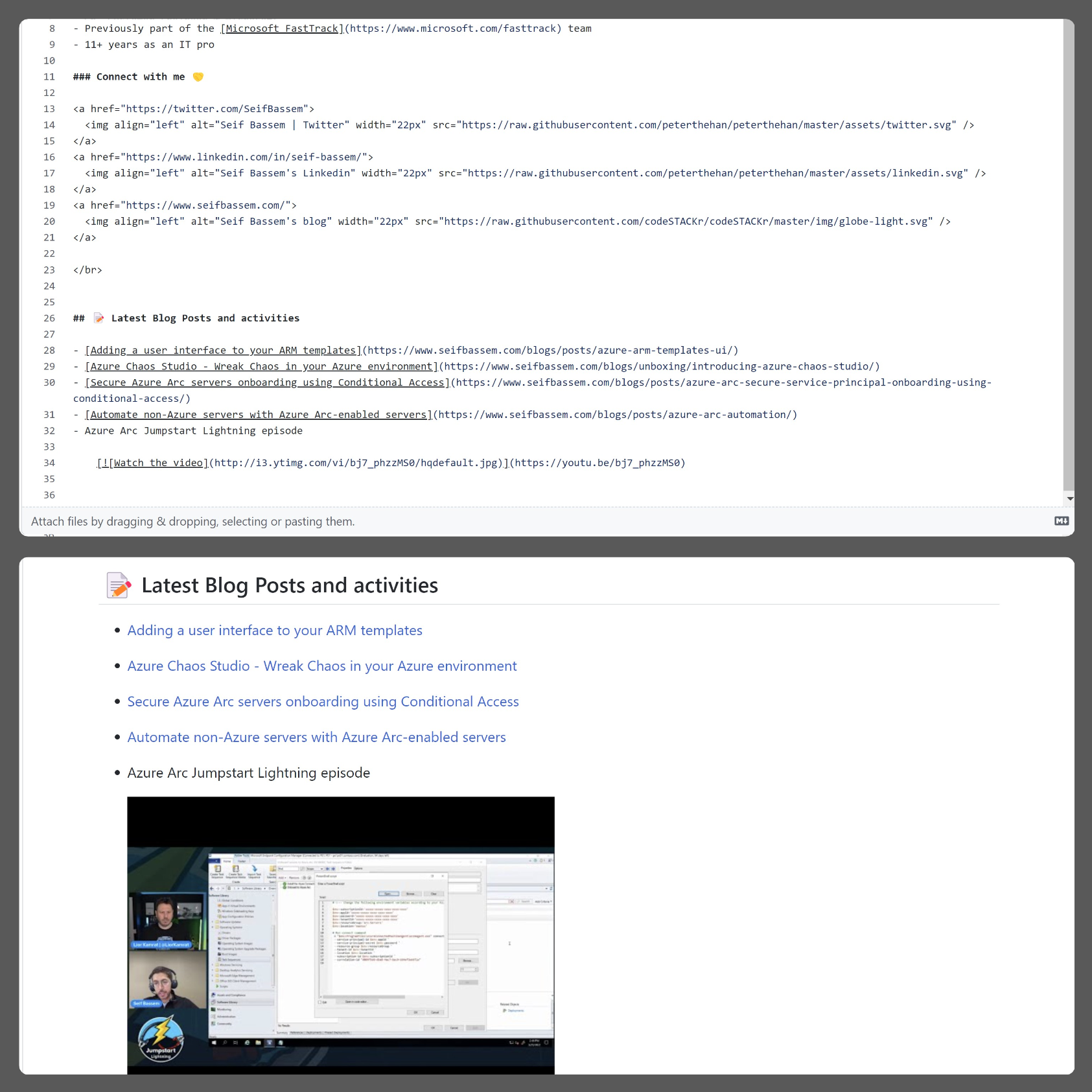 Screenshot showing the recent blog posts and activities markdown