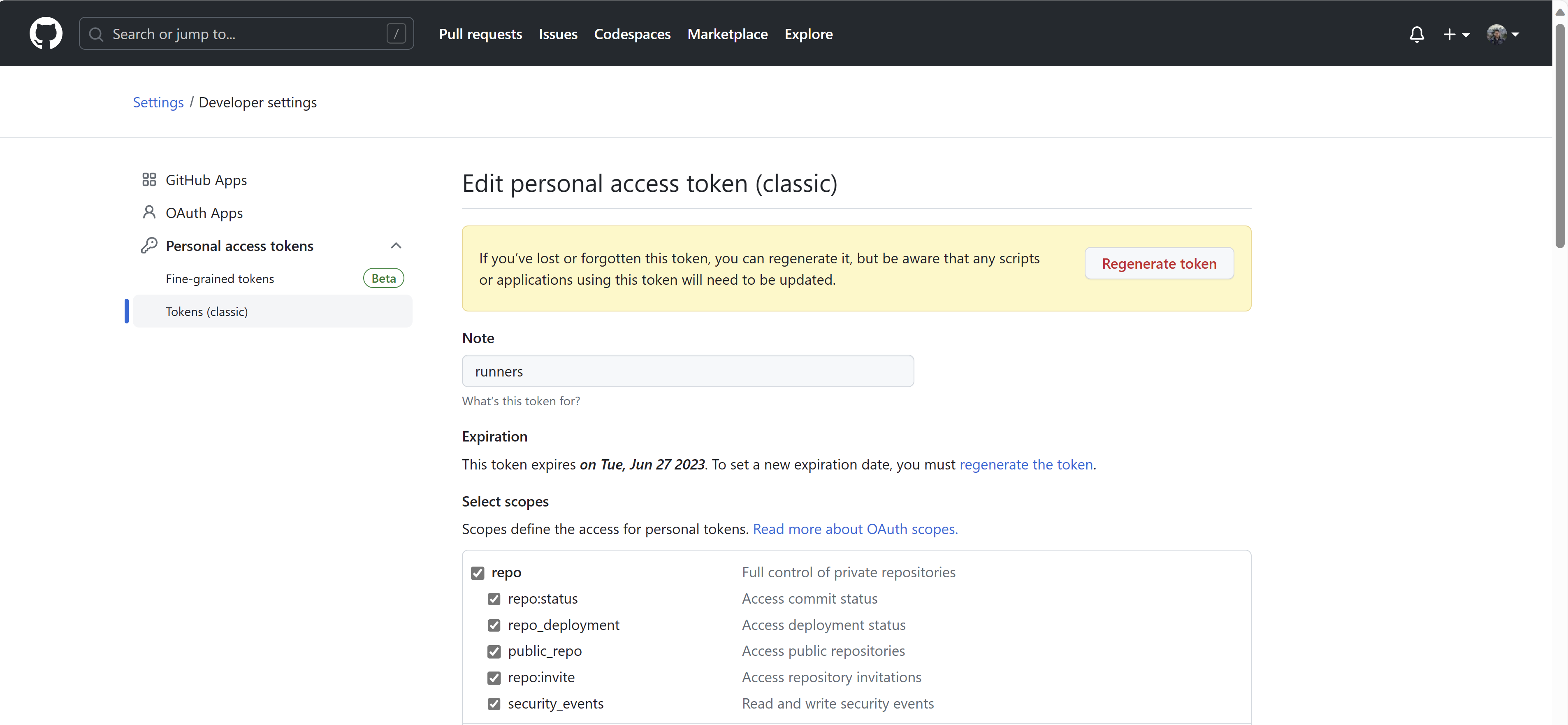 Screenshot showing creating a personal access token on GitHub