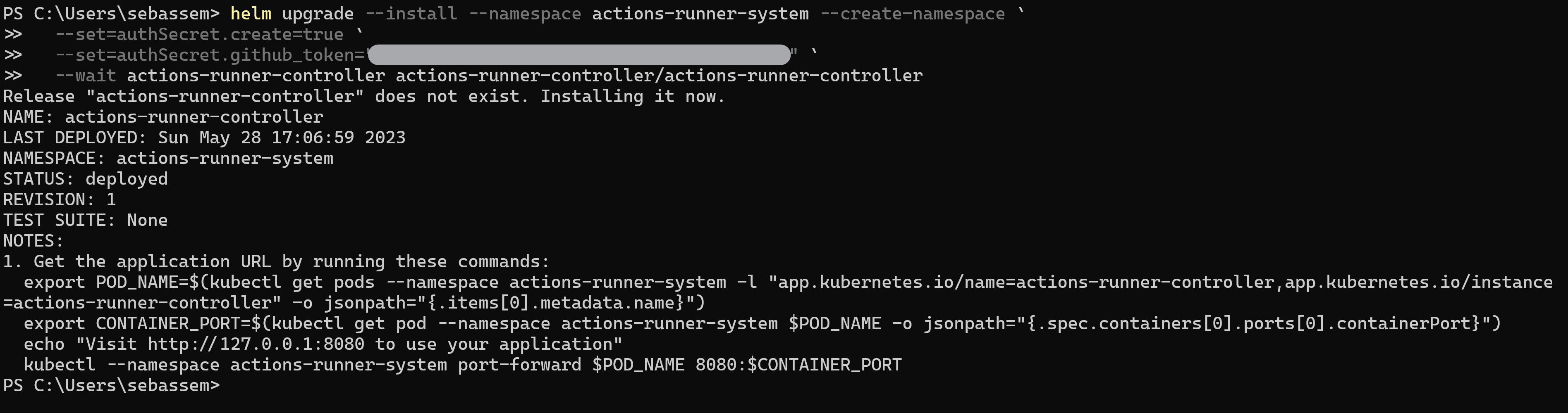 Screenshot showing installing actions runner controller using helm