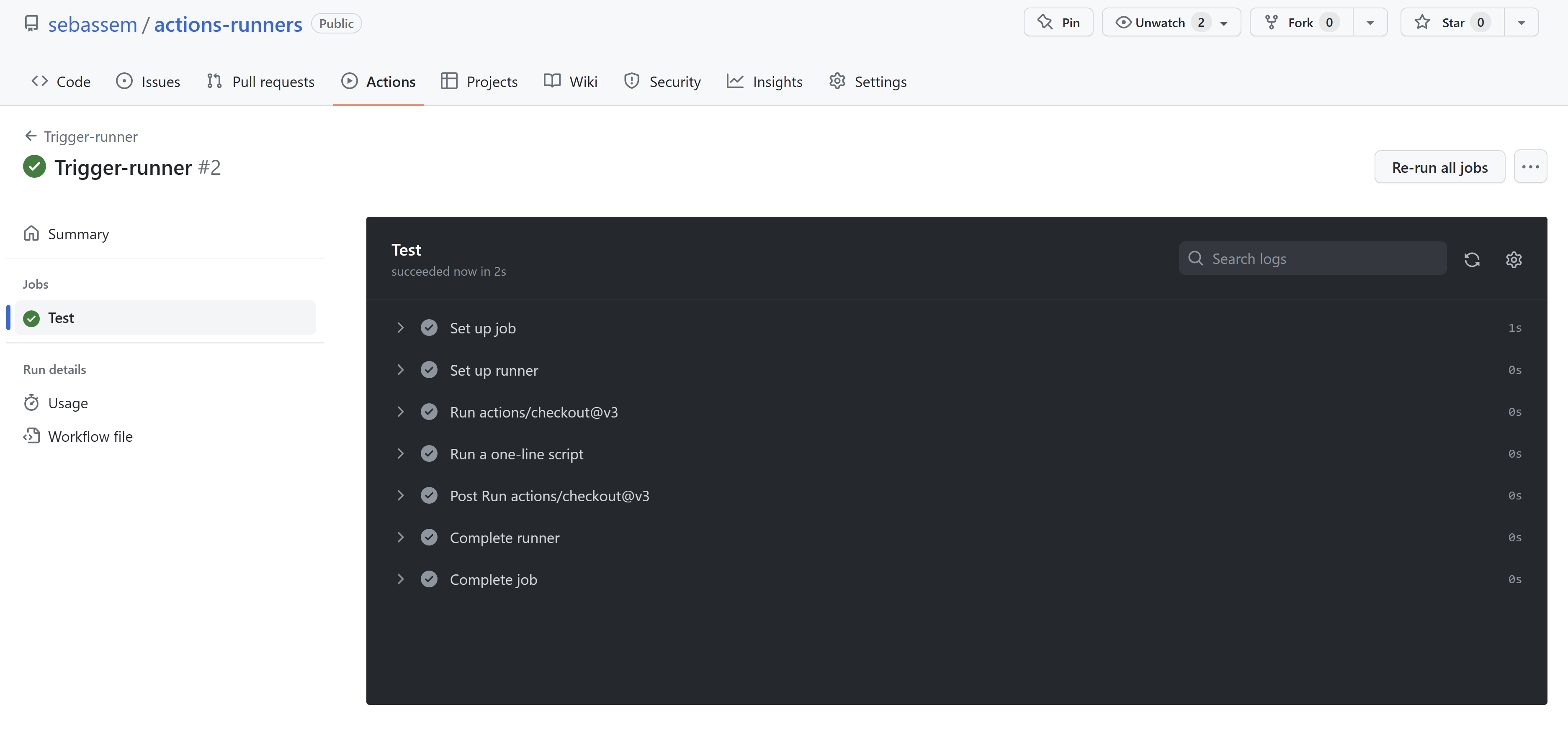 Screenshot showing the github action workflow steps
