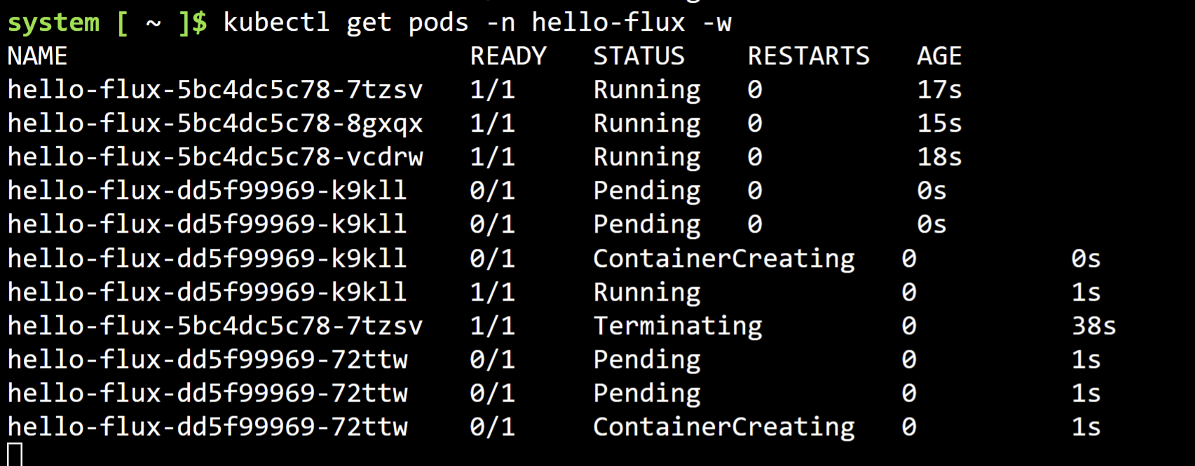 Screenshot showing flux updating the application pods