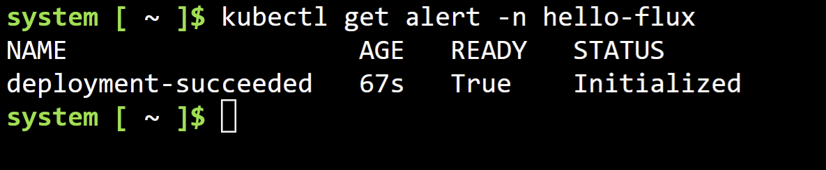 Screenshot showing the flux alert in the kubernetes cluster