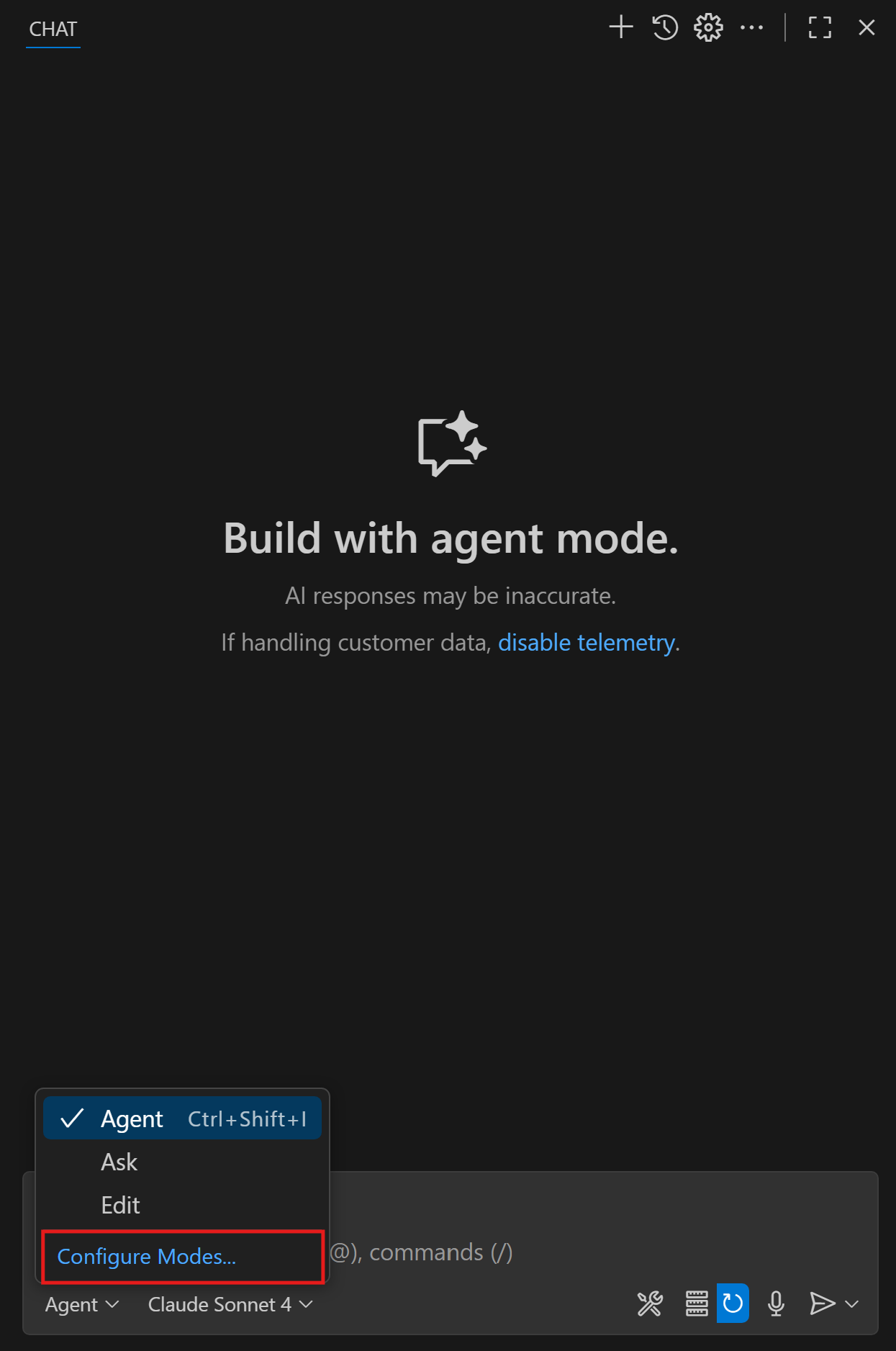 Screenshot showing vscode with configure modes button clicked
