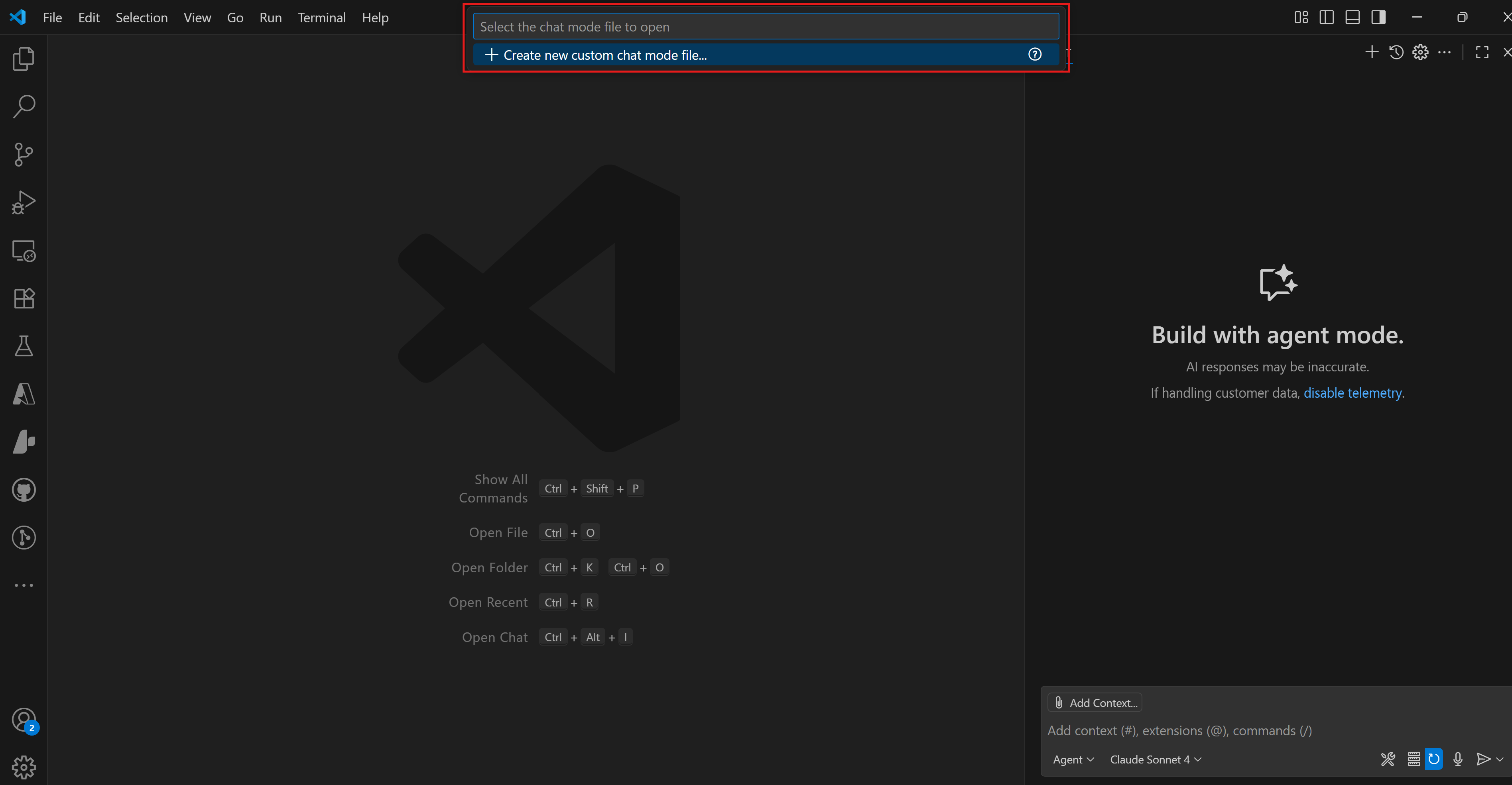 Screenshot showing vscode with creating a new file for custom chat mode