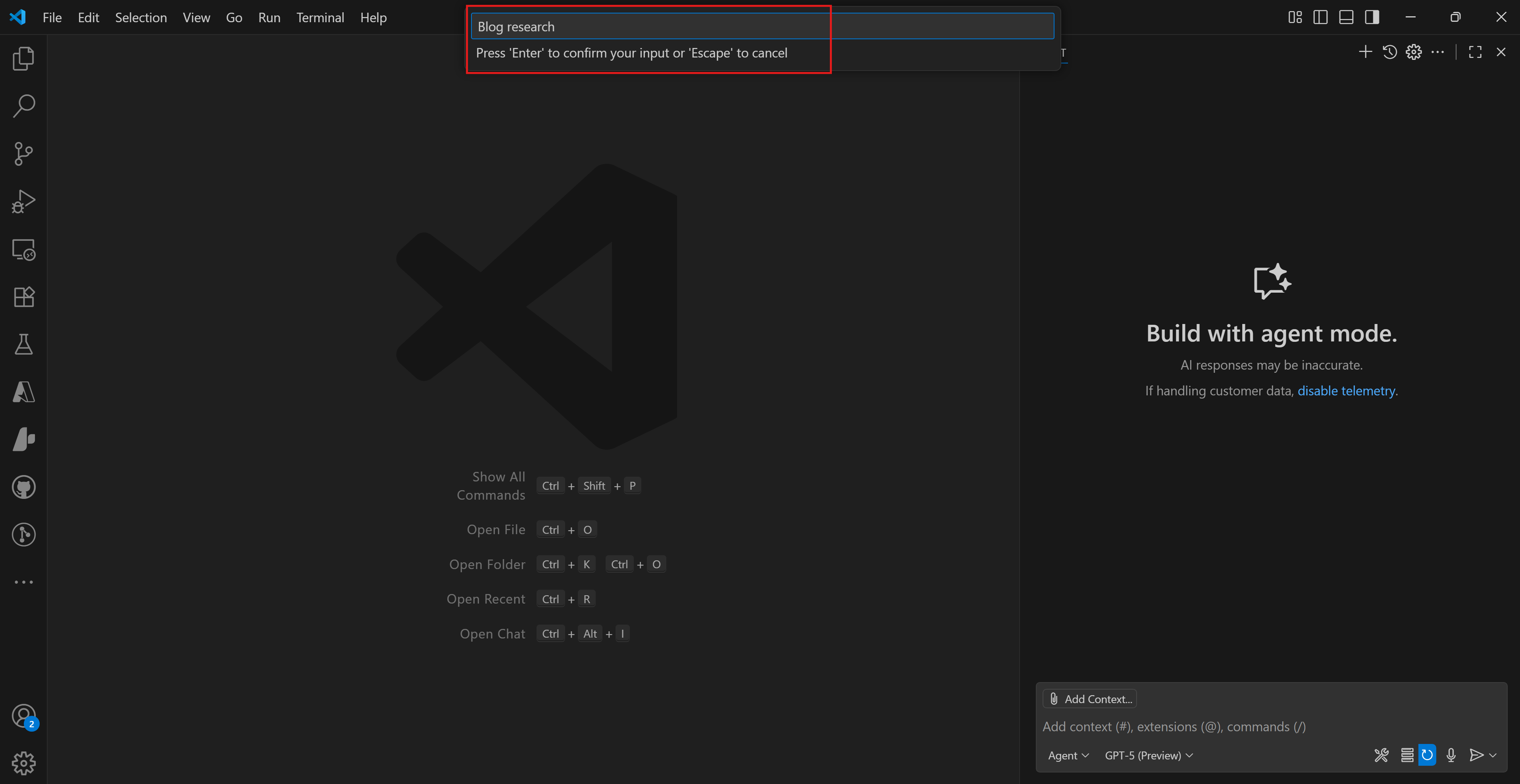 Screenshot showing vscode with selecting a name for the custom chat mode