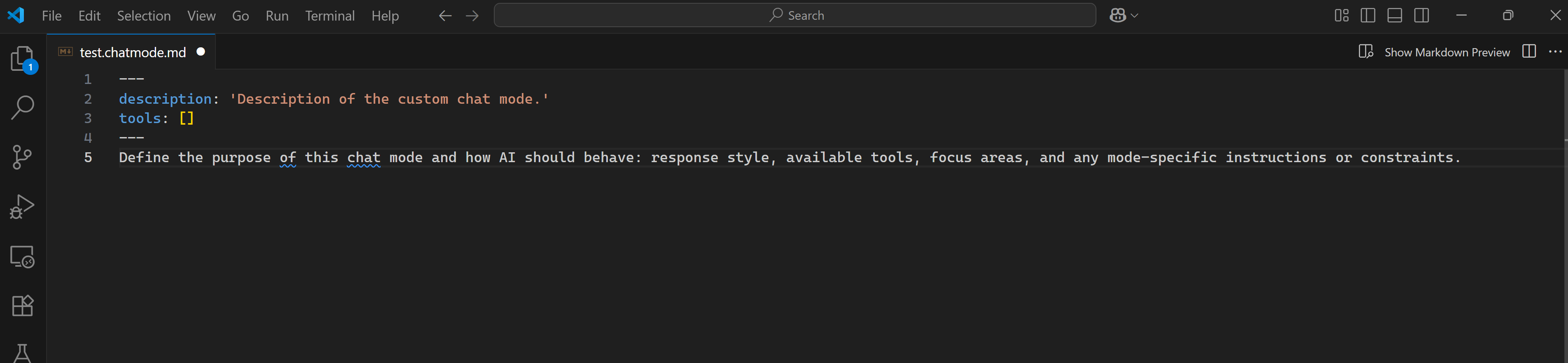 Screenshot showing vscode with an empty chat mode template