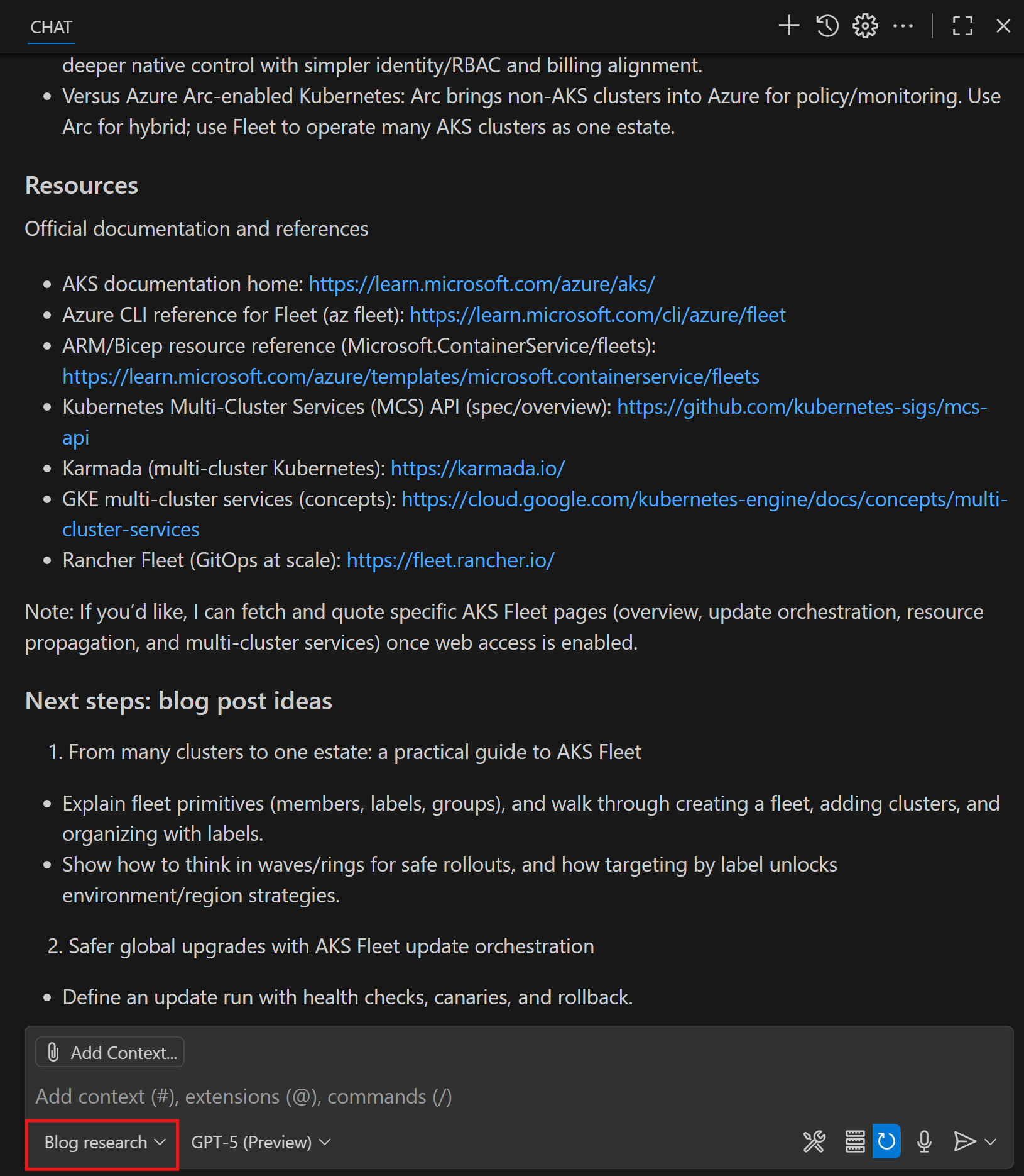 Screenshot showing vscode custom chat mode response