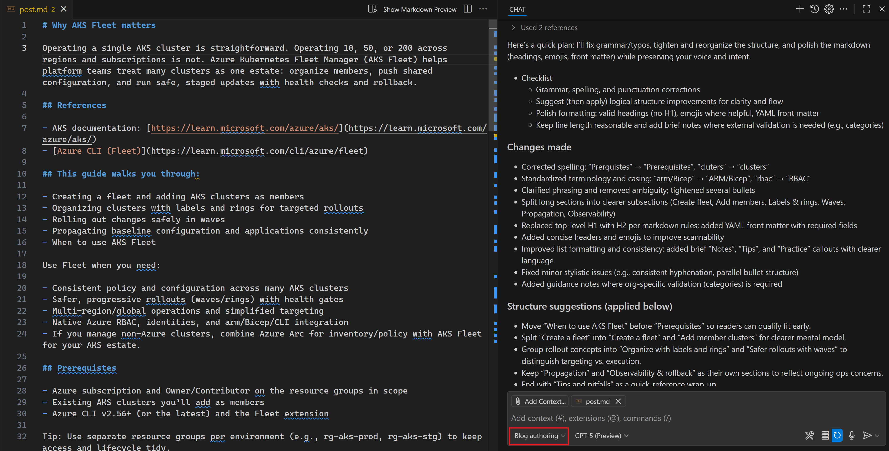 Screenshot showing vscode custom chat mode response