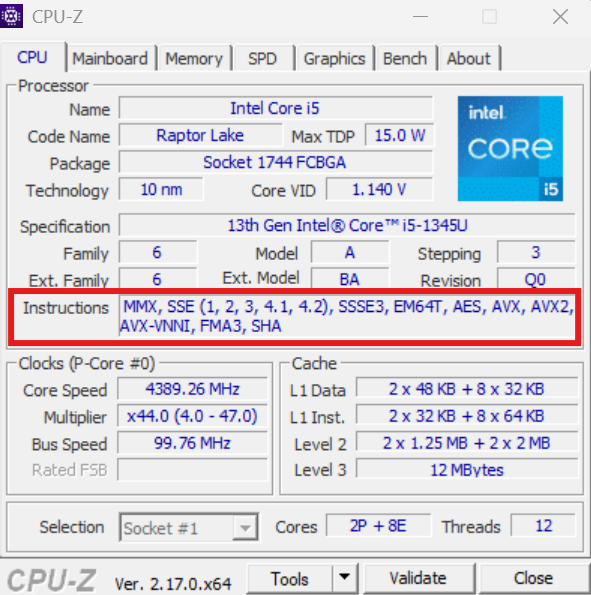 Screenshot showing the CPU instructions