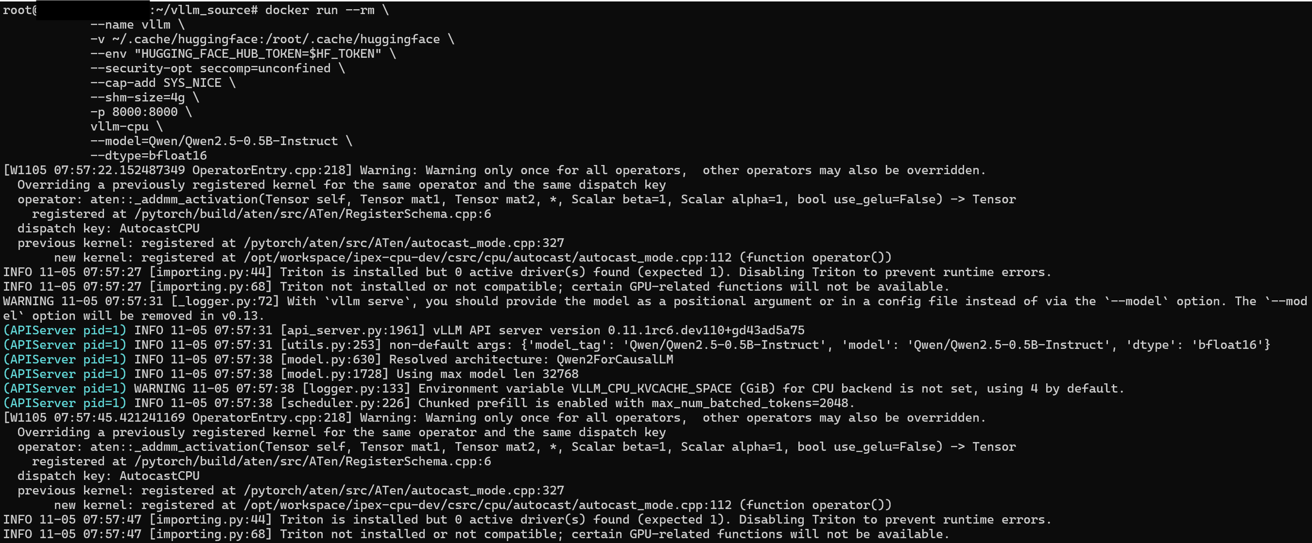 Screenshot showing the container logs