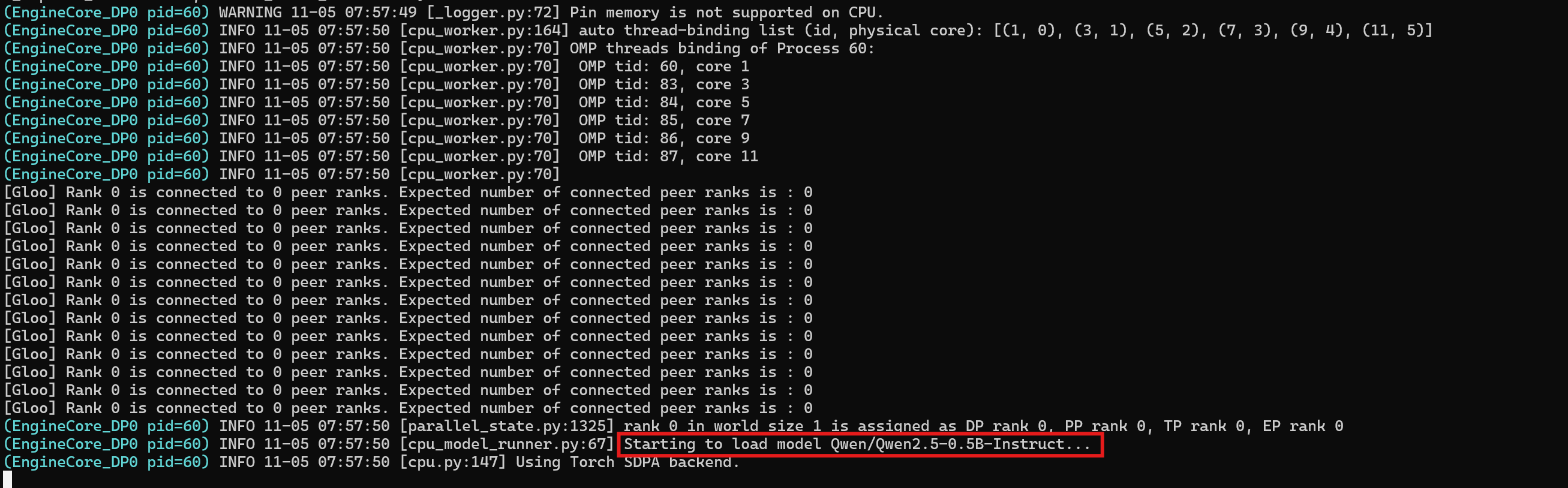 Screenshot showing the container logs