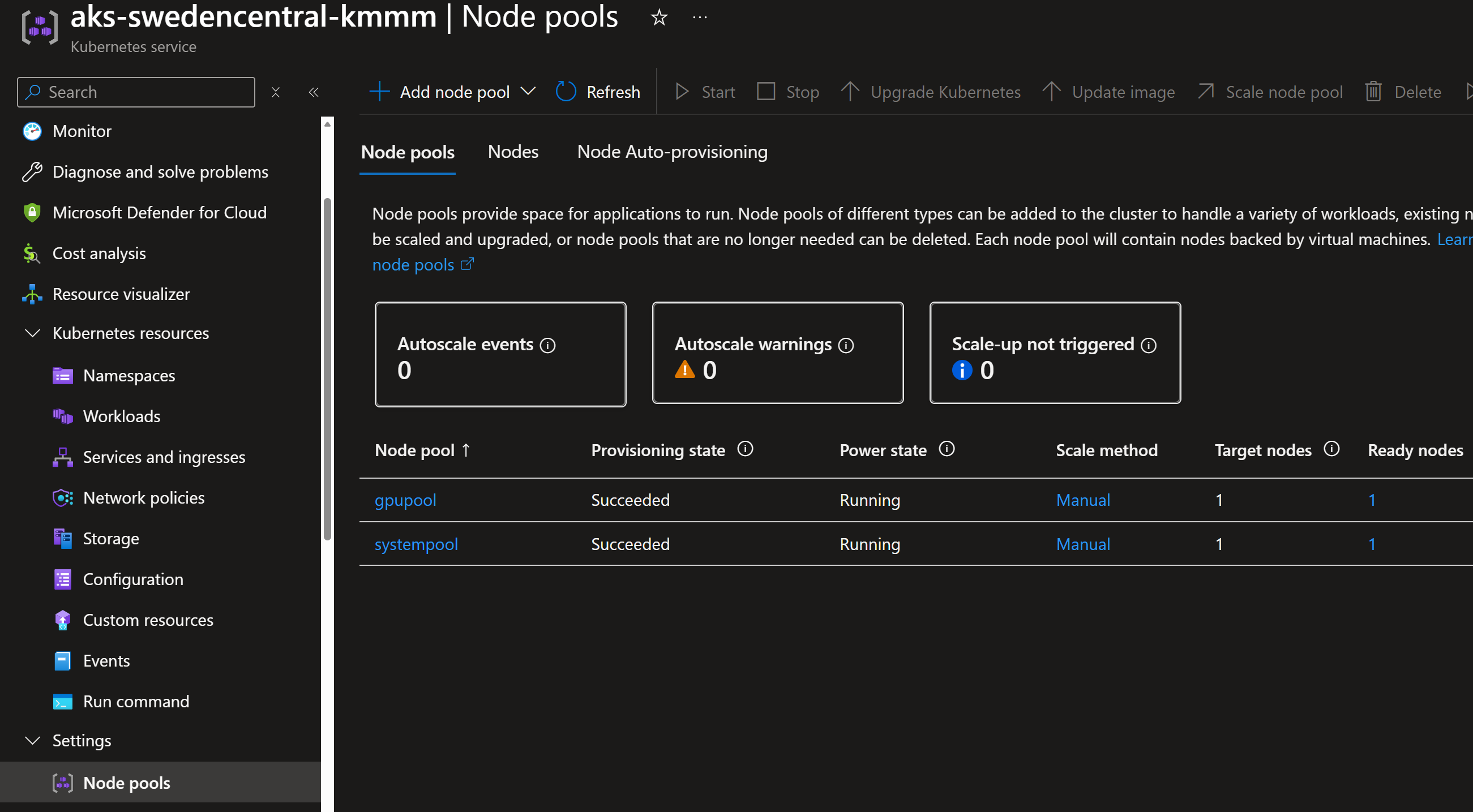 Screenshot showing the AKS cluster