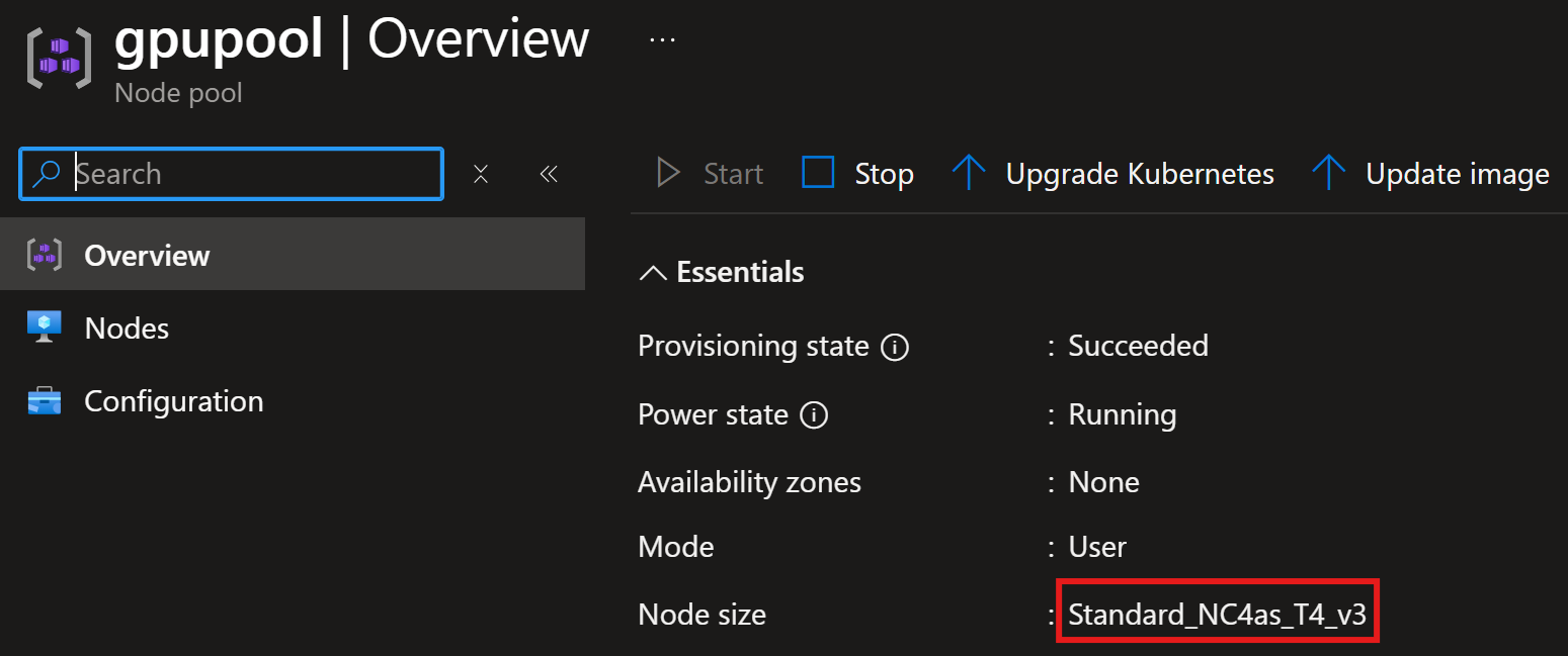 Screenshot showing the AKS cluster node pool