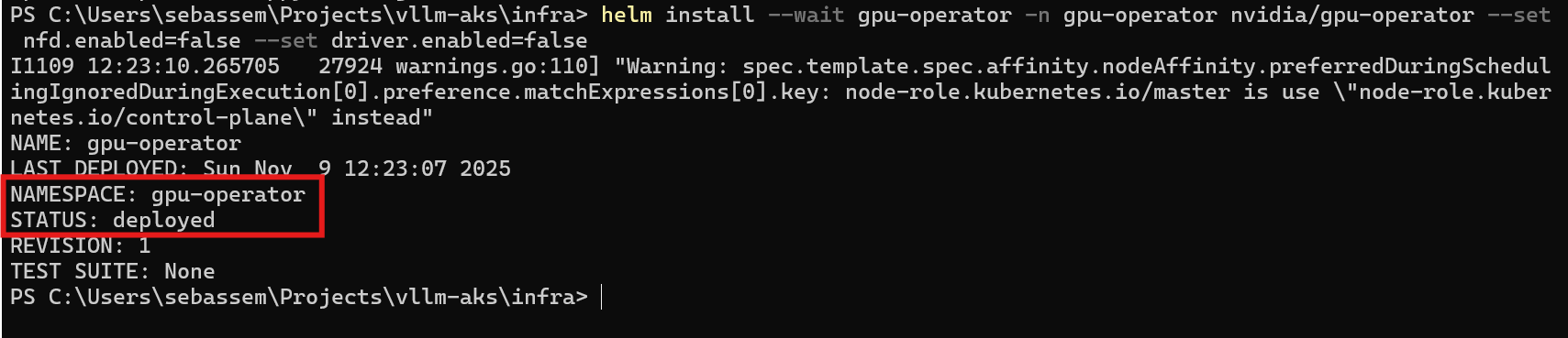 Screenshot showing the gpu operator pods deployed