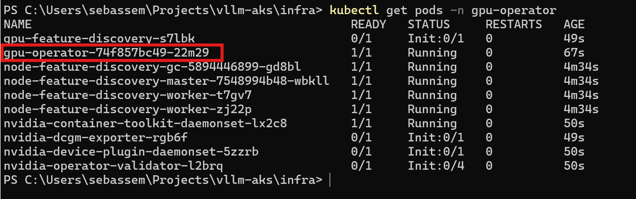 Screenshot showing the gpu operator pods running