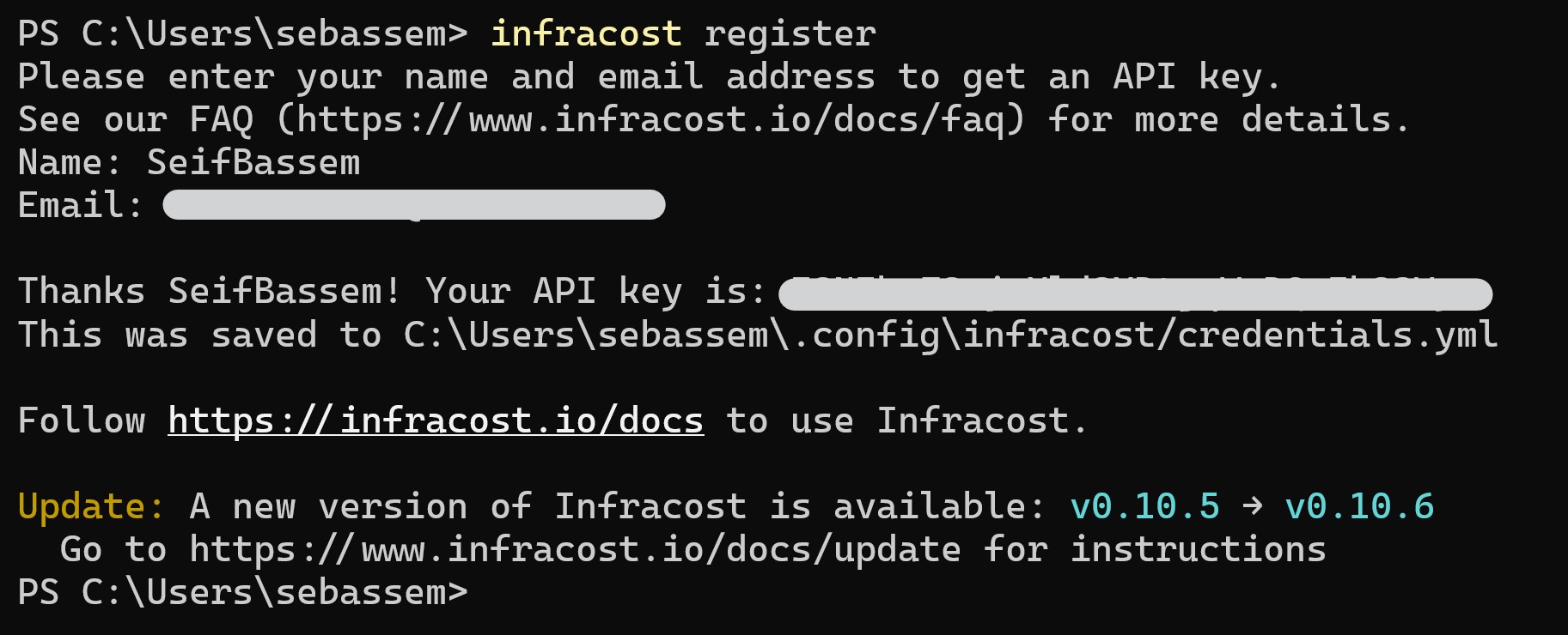 Screenshot showing registration for an API key