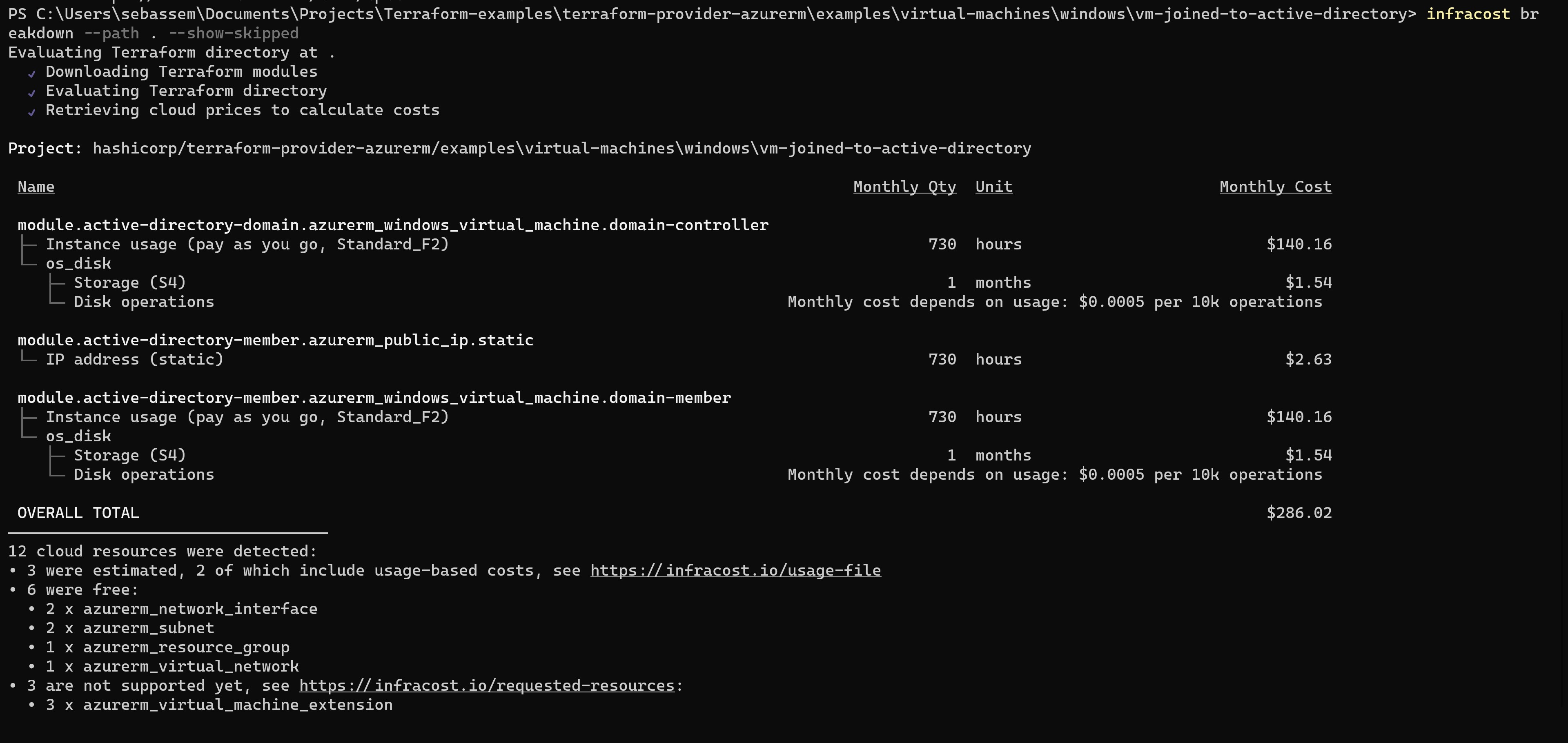 Screenshot showing running the Infracost CLI to get cost estimate