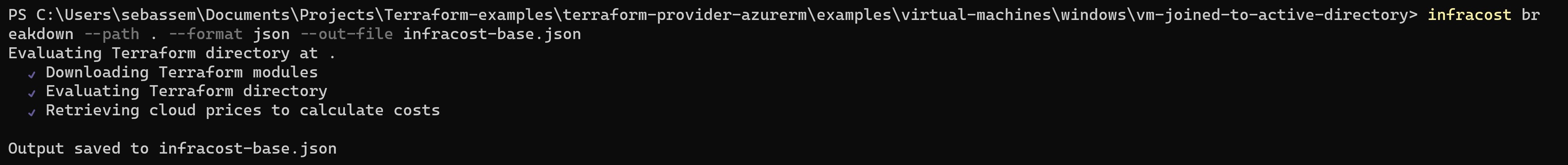 Screenshot showing running the Infracost CLI to get cost baseline