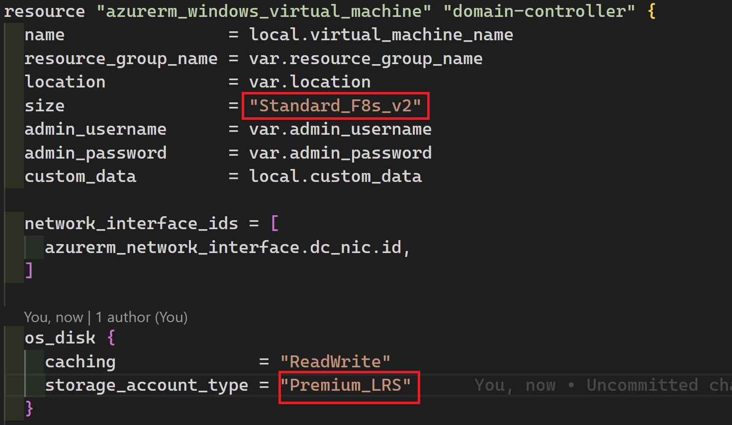 Screenshot showing changing VM size and disk type