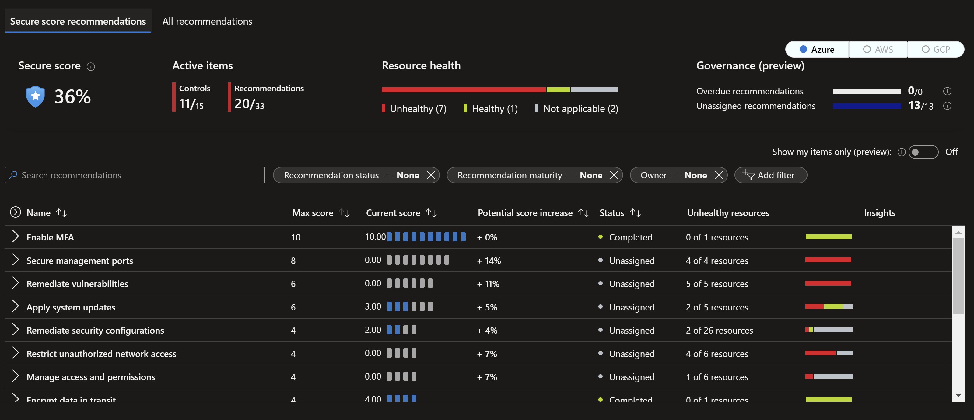 Screenshot showing the Microsoft Defender for Cloud recommendations