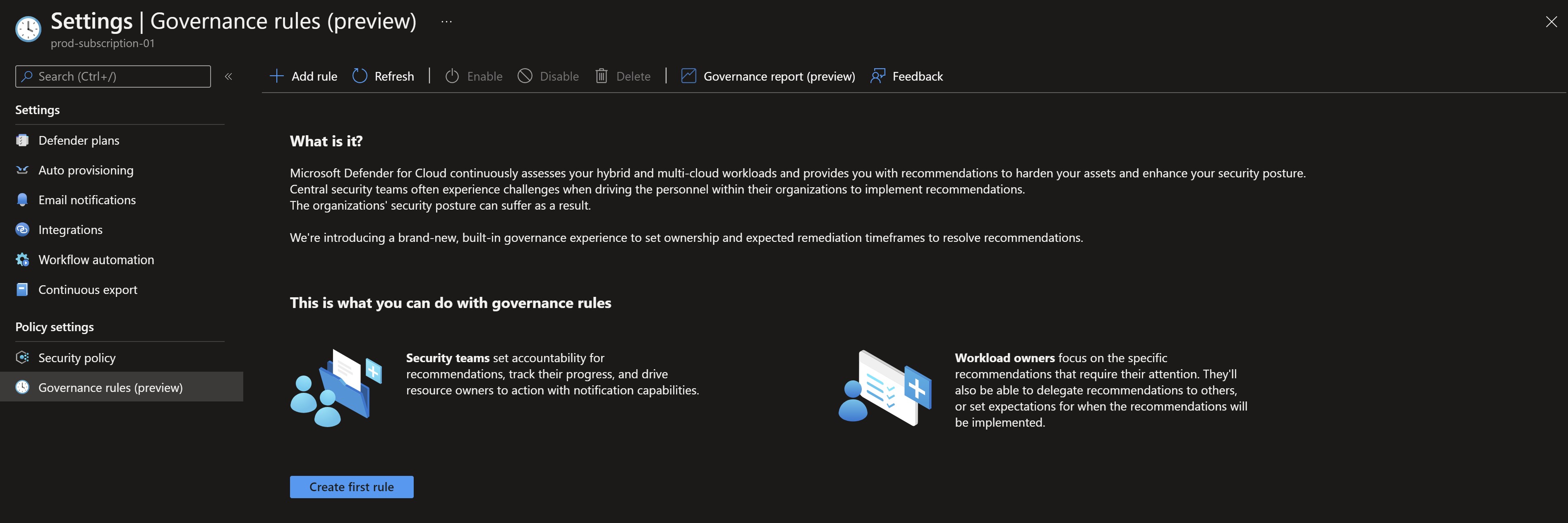 Screenshot showing the Microsoft Defender for Cloud portal with governance rules