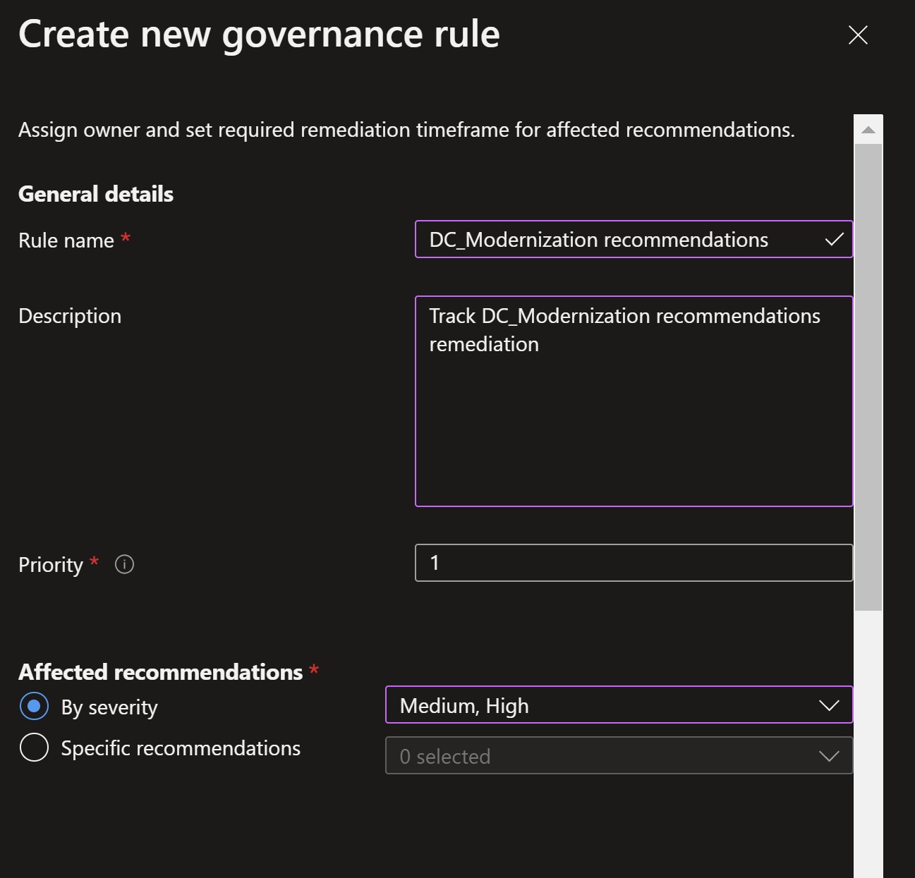 Screenshot showing the creation of a new governance rule
