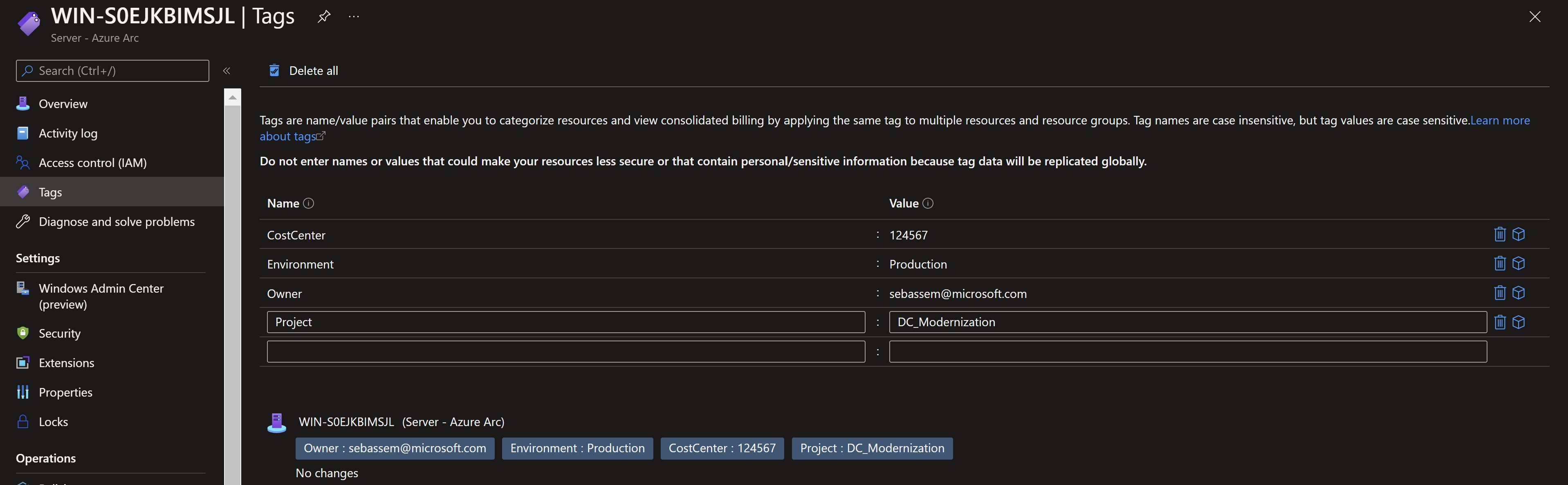 Screenshot showing tags assigned to an Azure Arc server