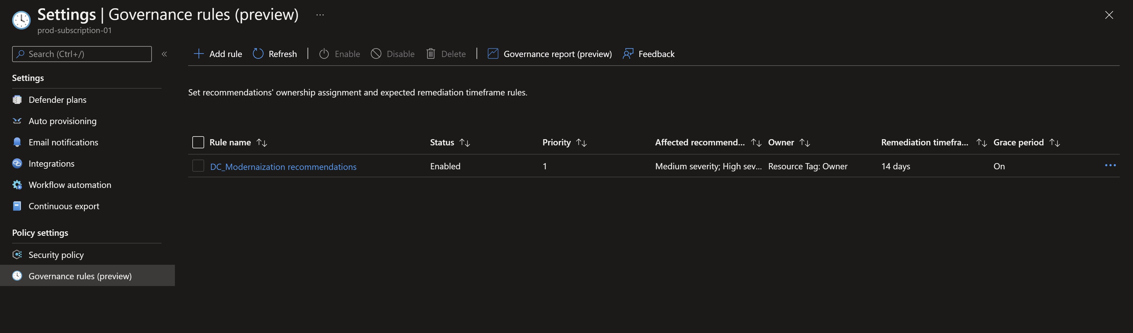 Screenshot showing the governance rule created