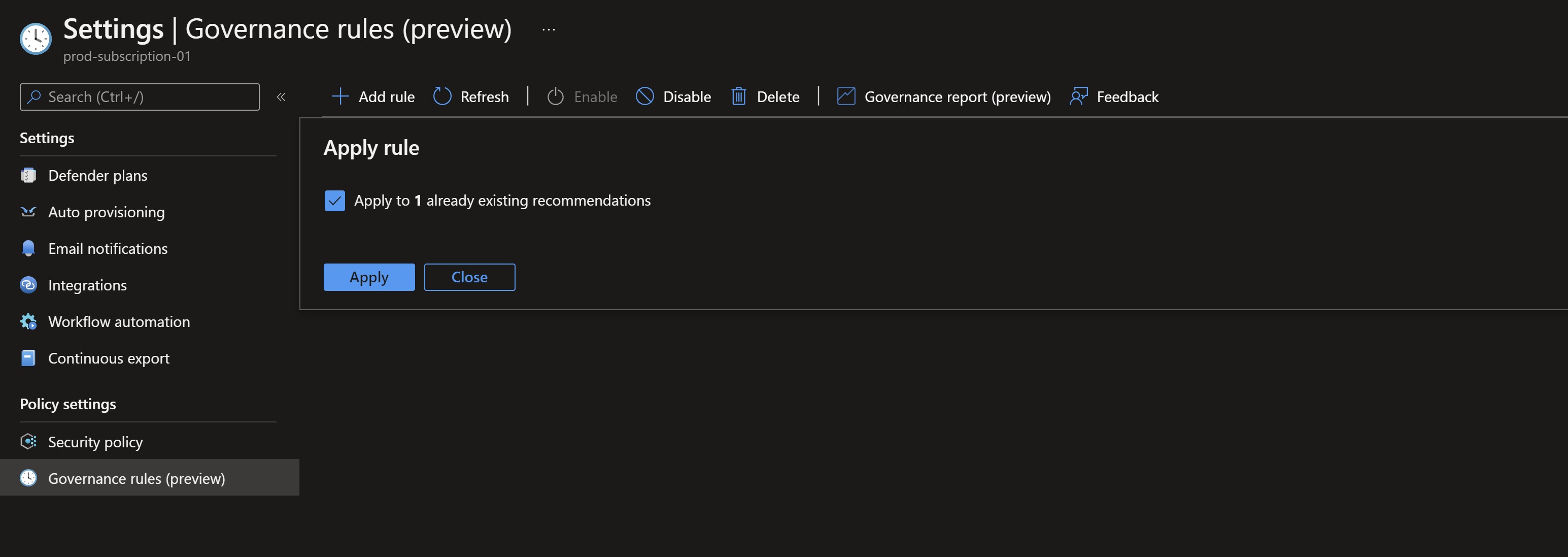 Screenshot showing the governance rule popup to apply to existing recommendations