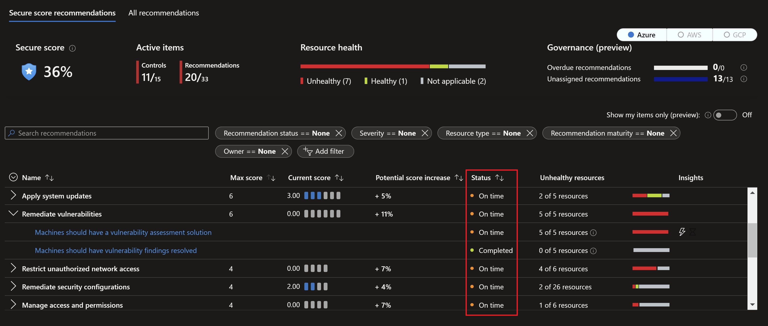 Screenshot showing the defender for cloud recommendations