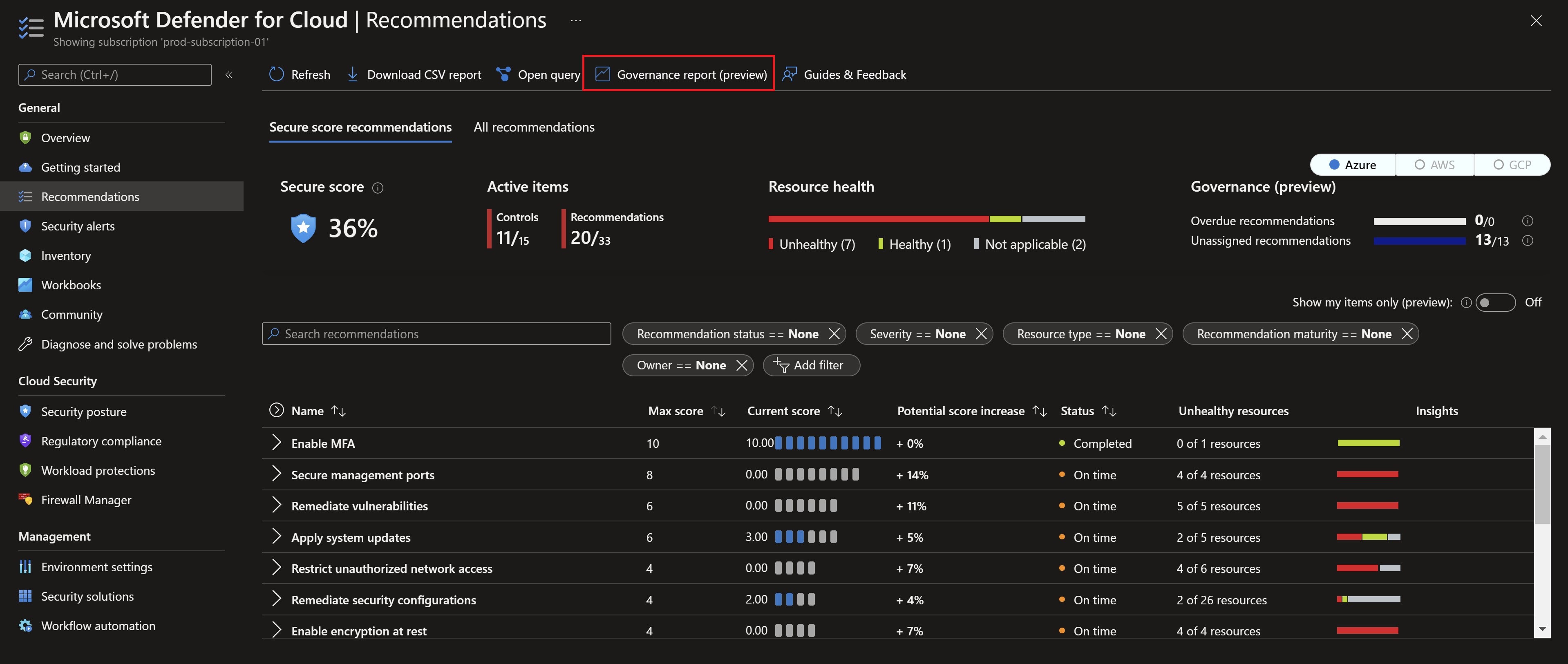 Screenshot showing the defender for cloud recommendations