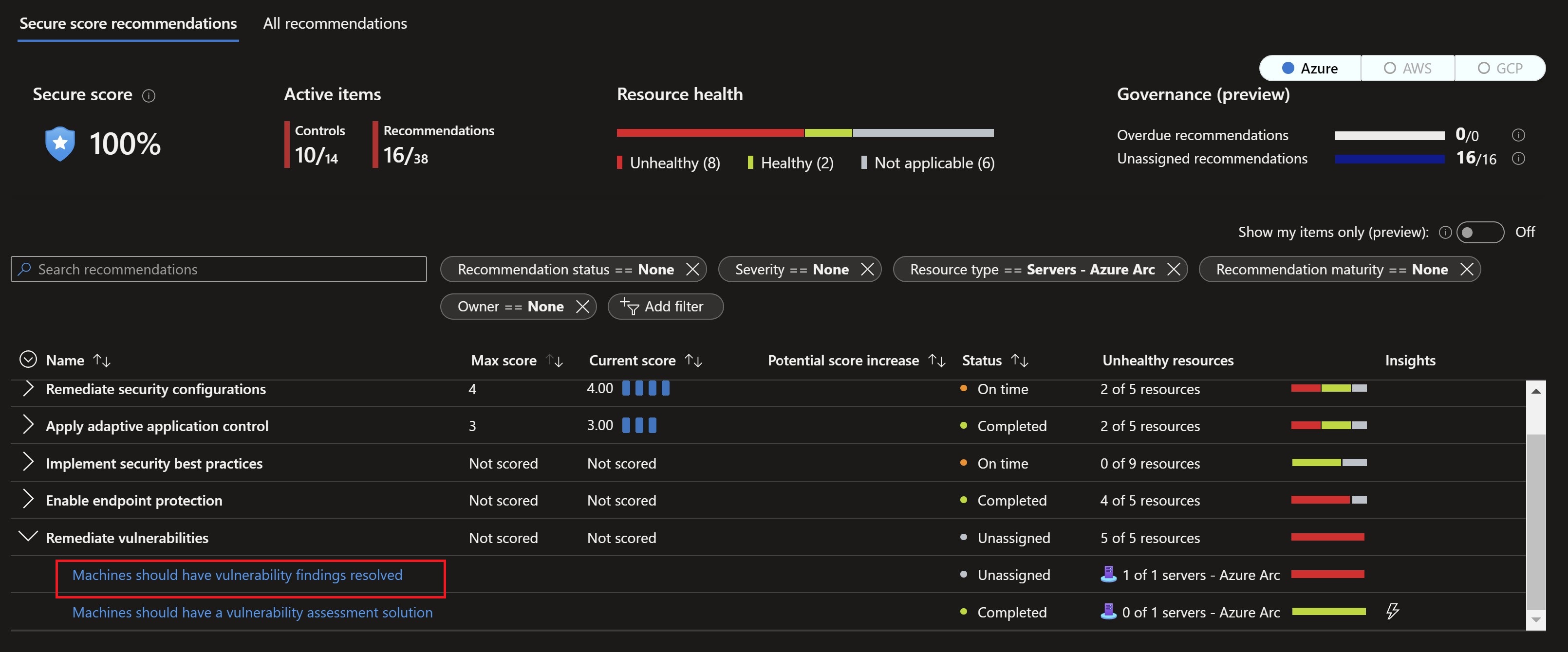 Screenshot showing the vulnrability assessment solution recommendation