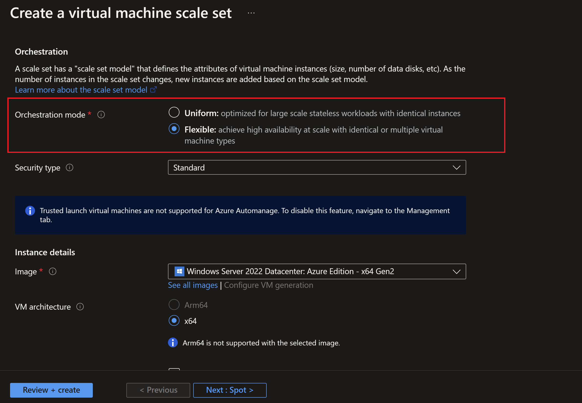 Screenshot showing creating a Virtual Machine Scale set