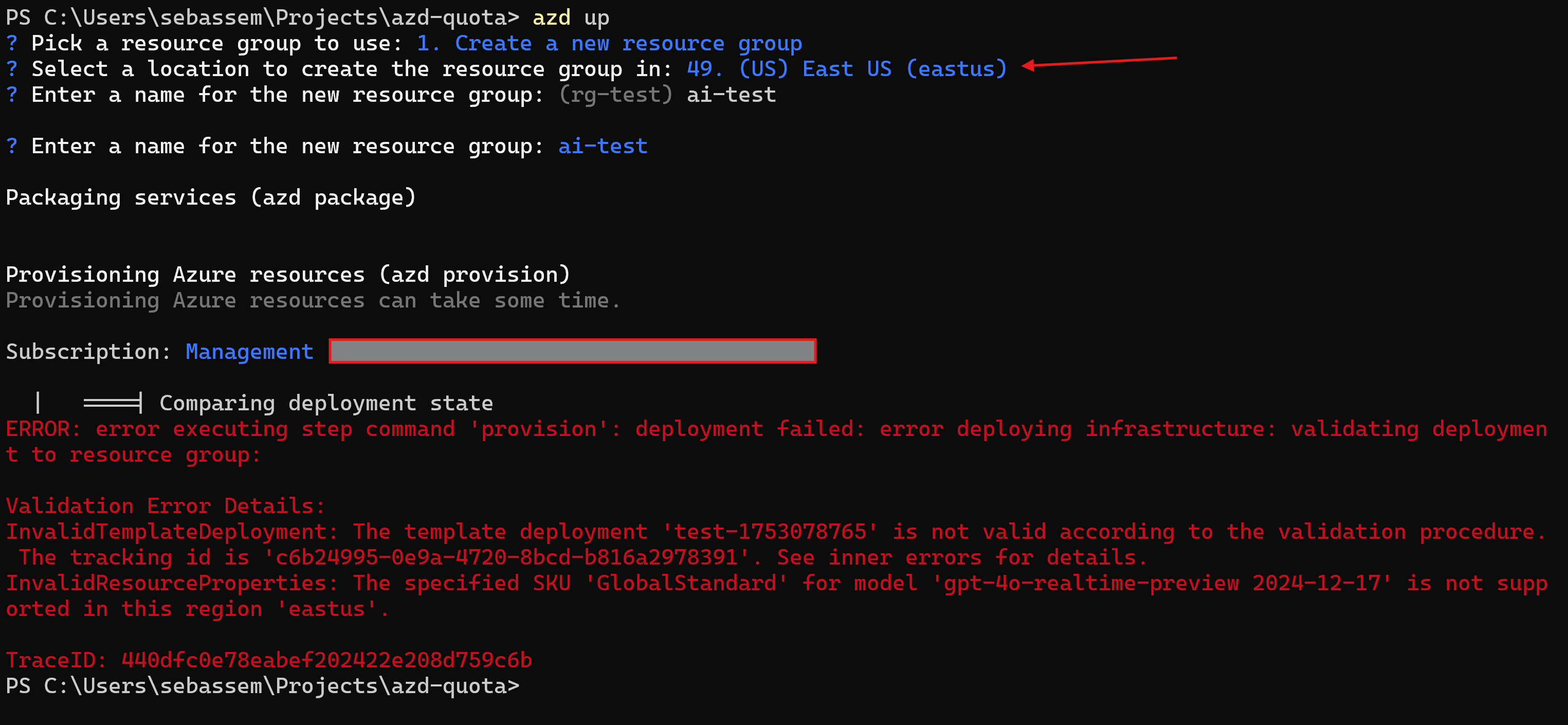 Screenshot showing error deploying the ai model