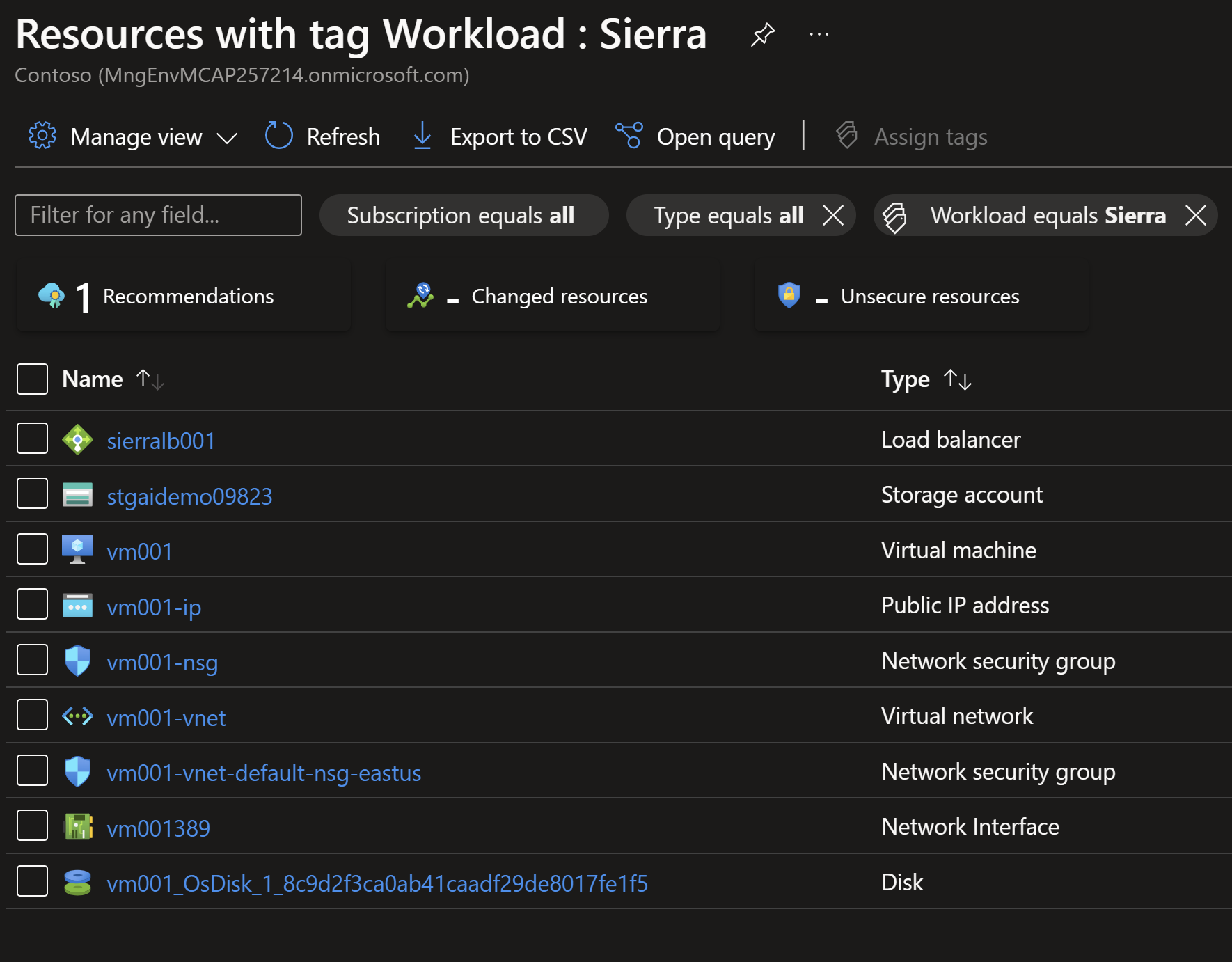 Screenshot showing the azure portal with the sierra tag