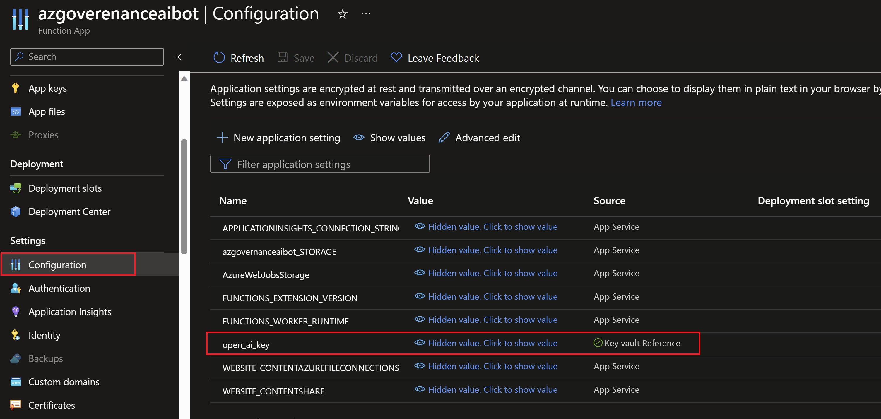 Screenshot showing the azure function key vault reference