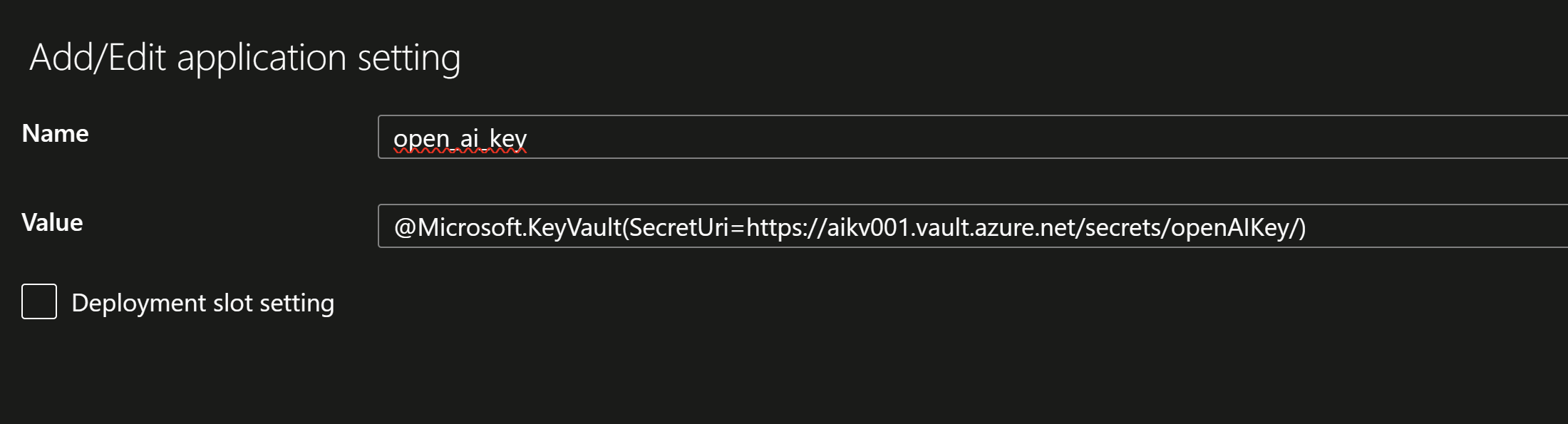 Screenshot showing the azure function key vault reference in the azure function settings