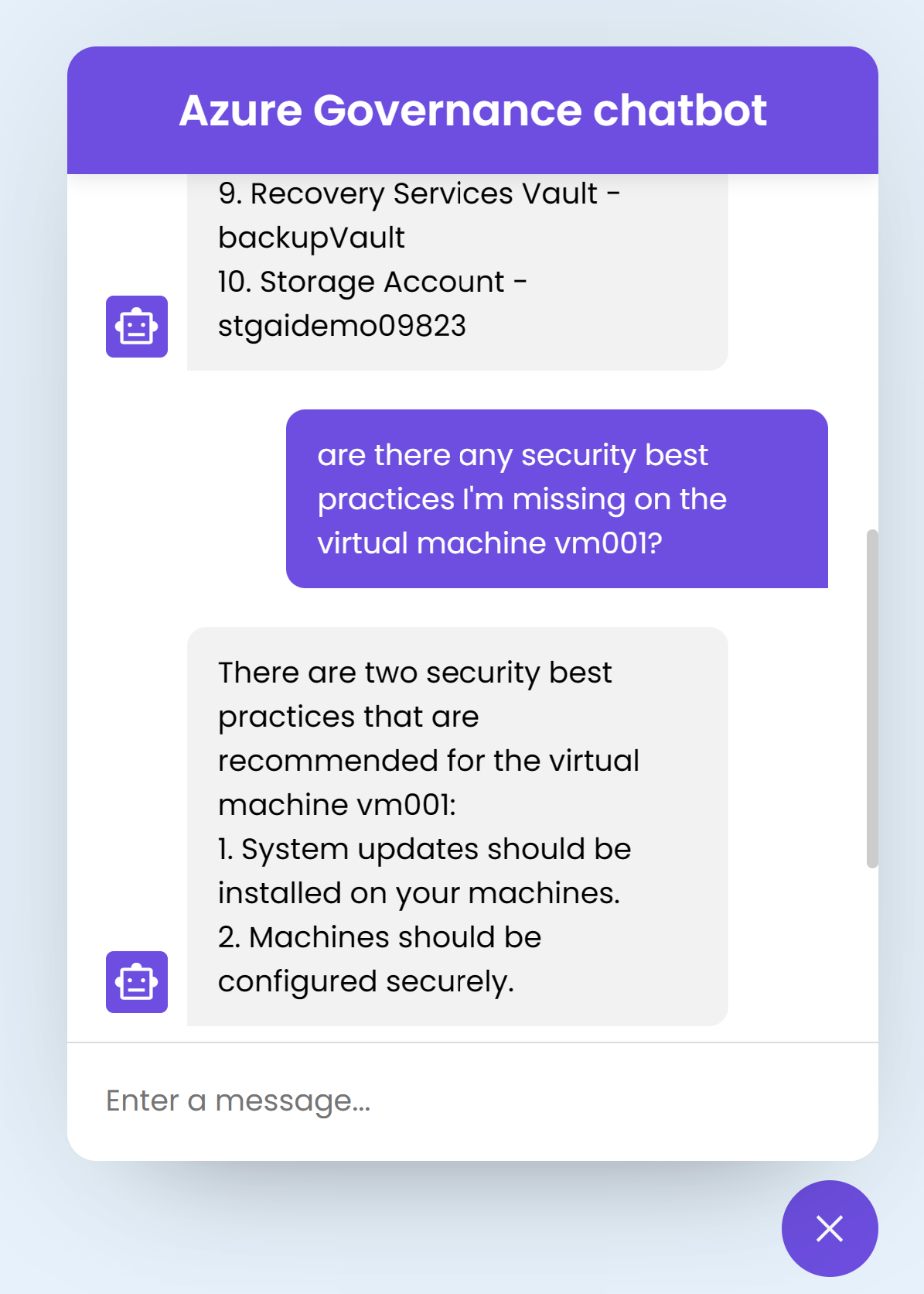 Screenshot showing asking the chatbot if there are any best practices on vm001