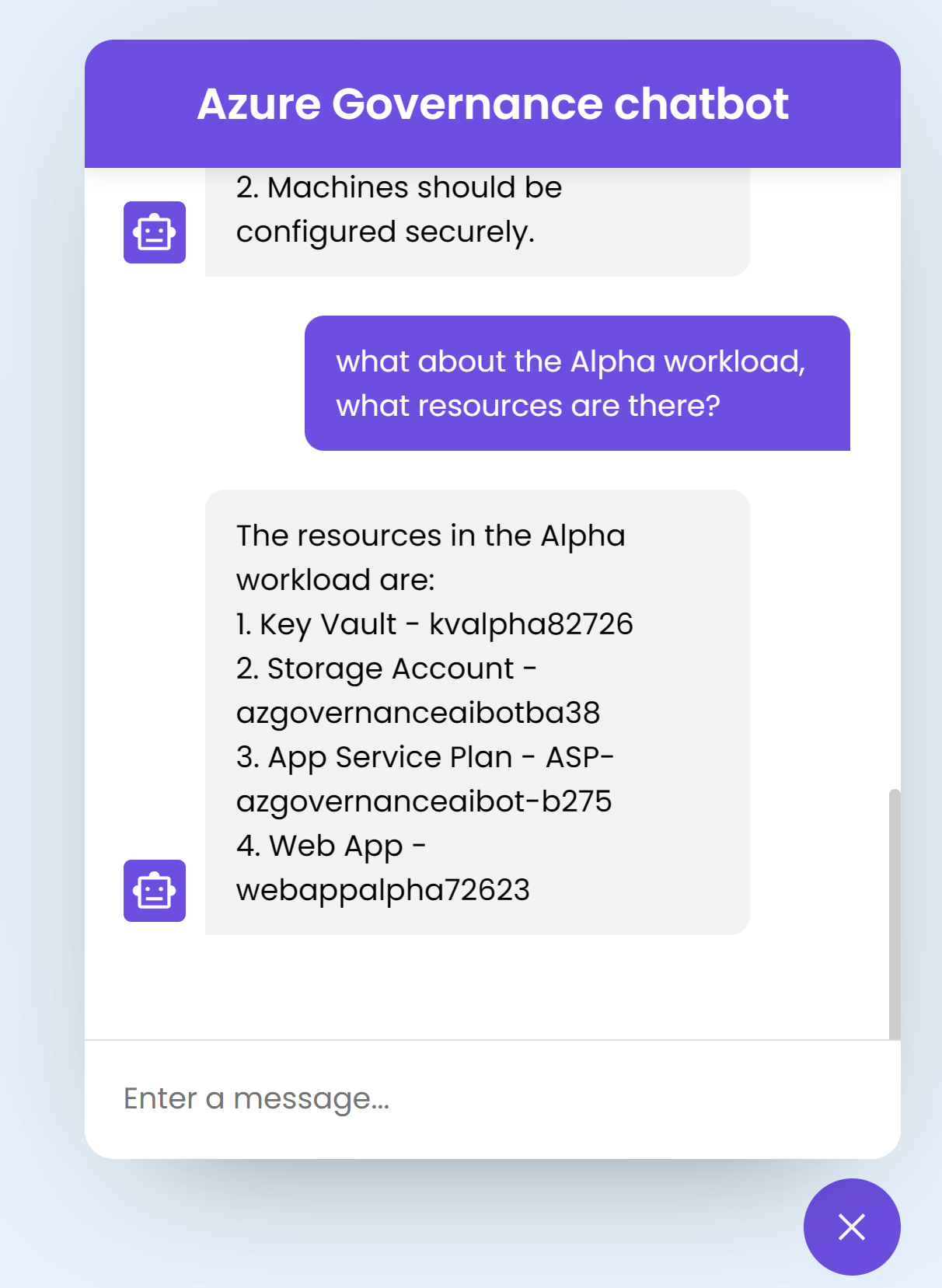 Screenshot showing asking the chatbot about the alpha workload
