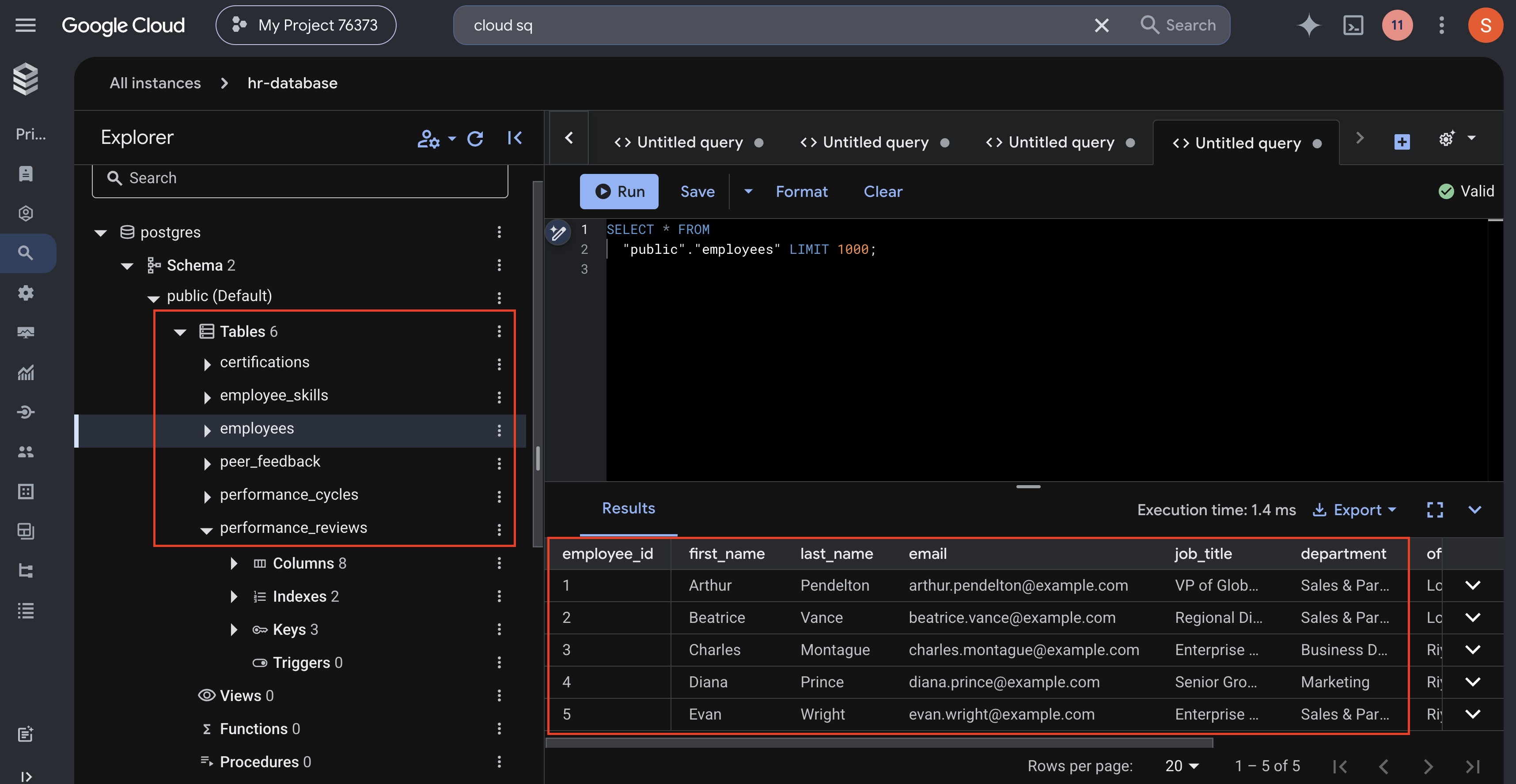 Screenshot showing the cloud sql database