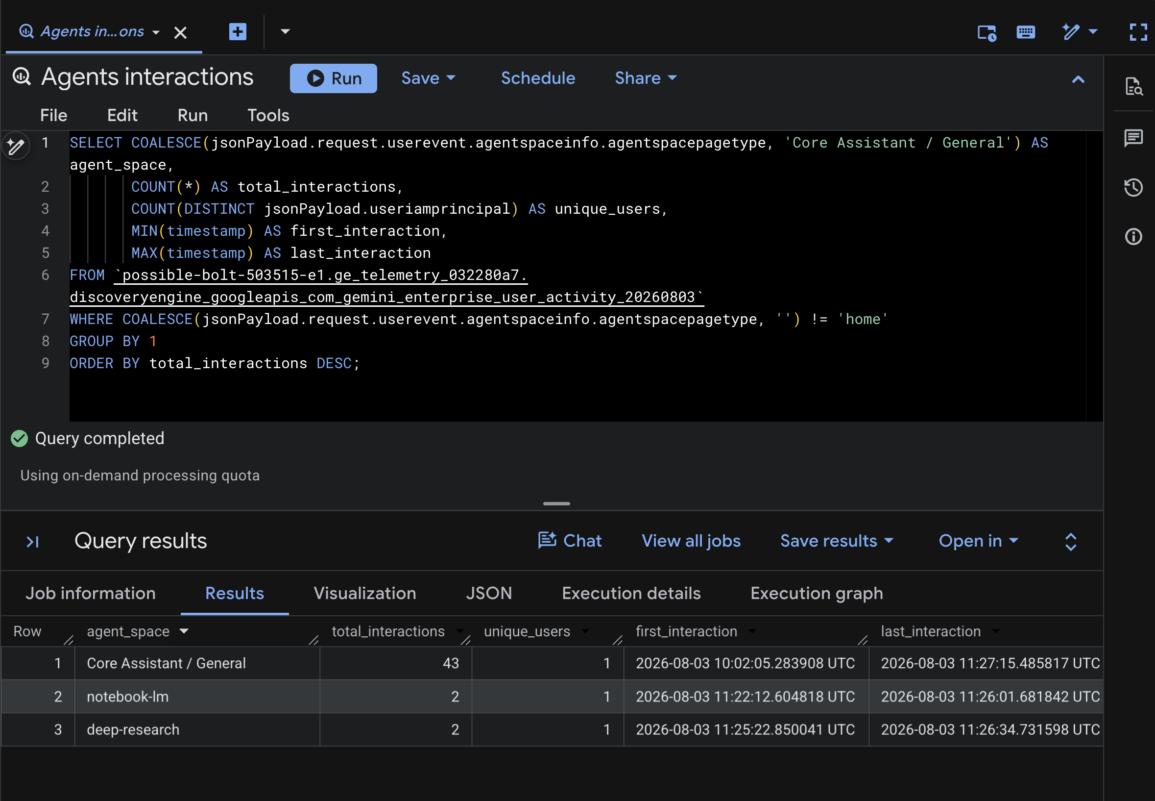 Screenshot showing the bigquery query results