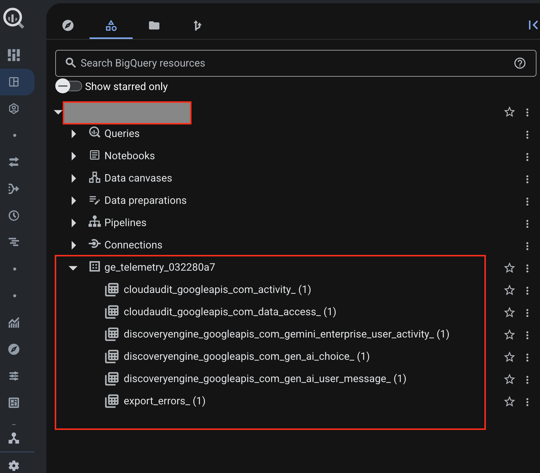 Screenshot showing the bigquery datasets