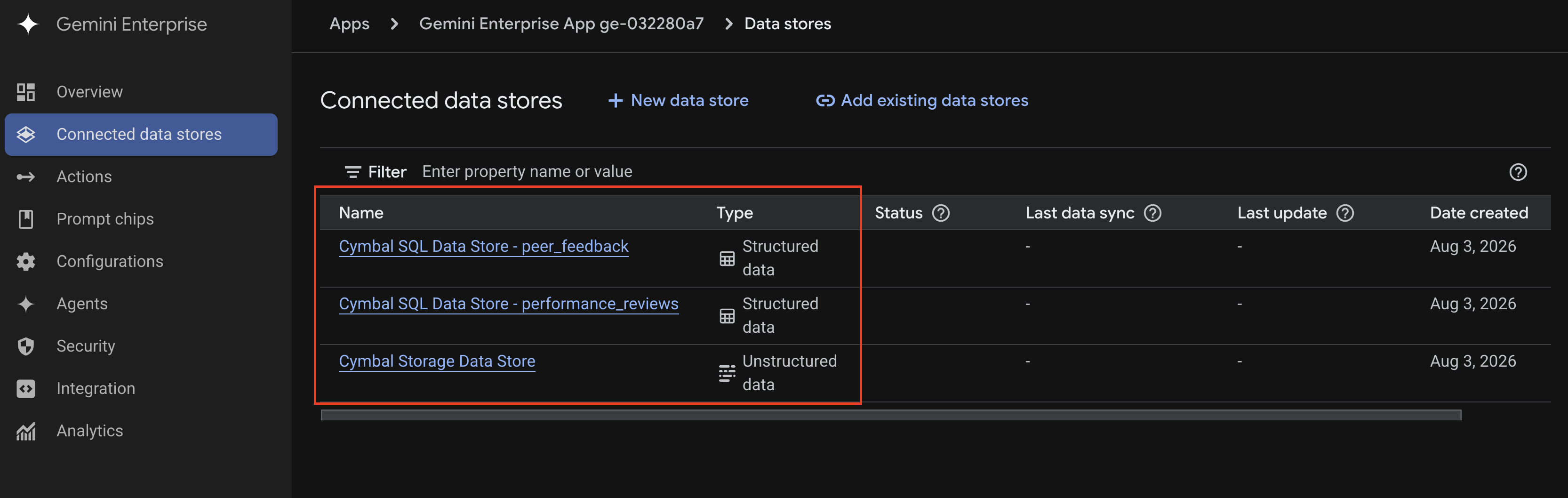 Screenshot showing the gemini enterprise data stores