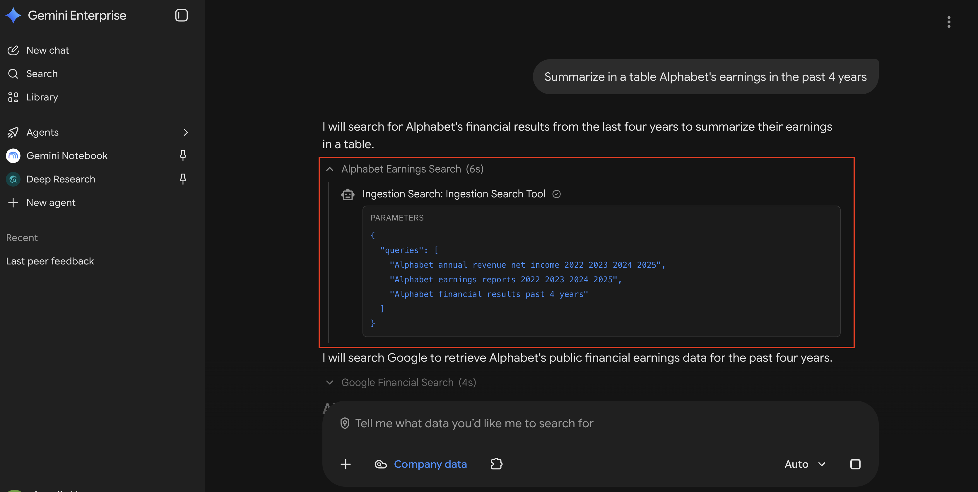 Screenshot showing a query to gemini2